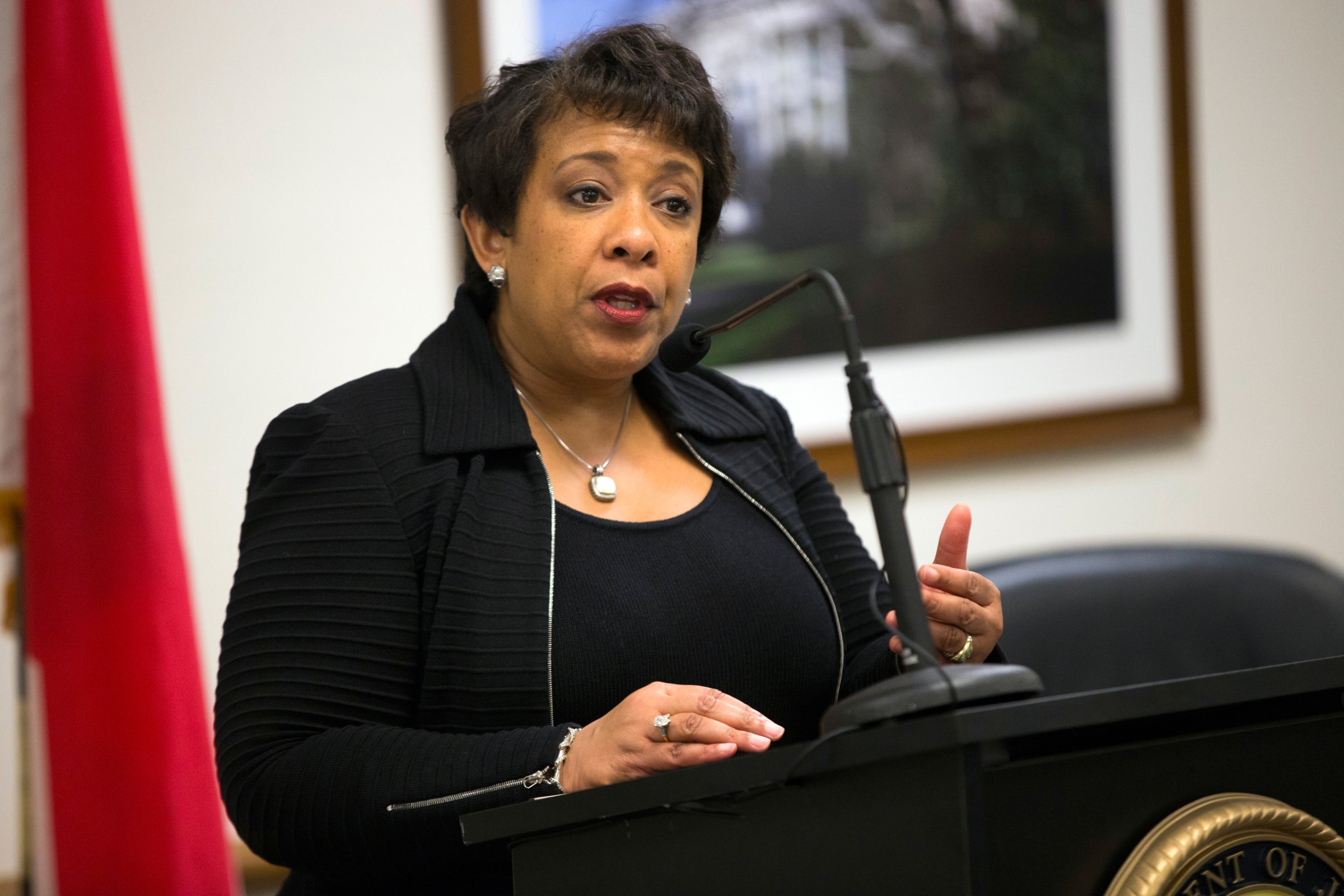 Attorney General Loretta Lynch speaks during an event to highlight policies that aim to reduce barriers for formerly incarcerated individuals, on Friday, April 29, 2016, in Mobile, Ala. (AP Photo/Evan Vucci)