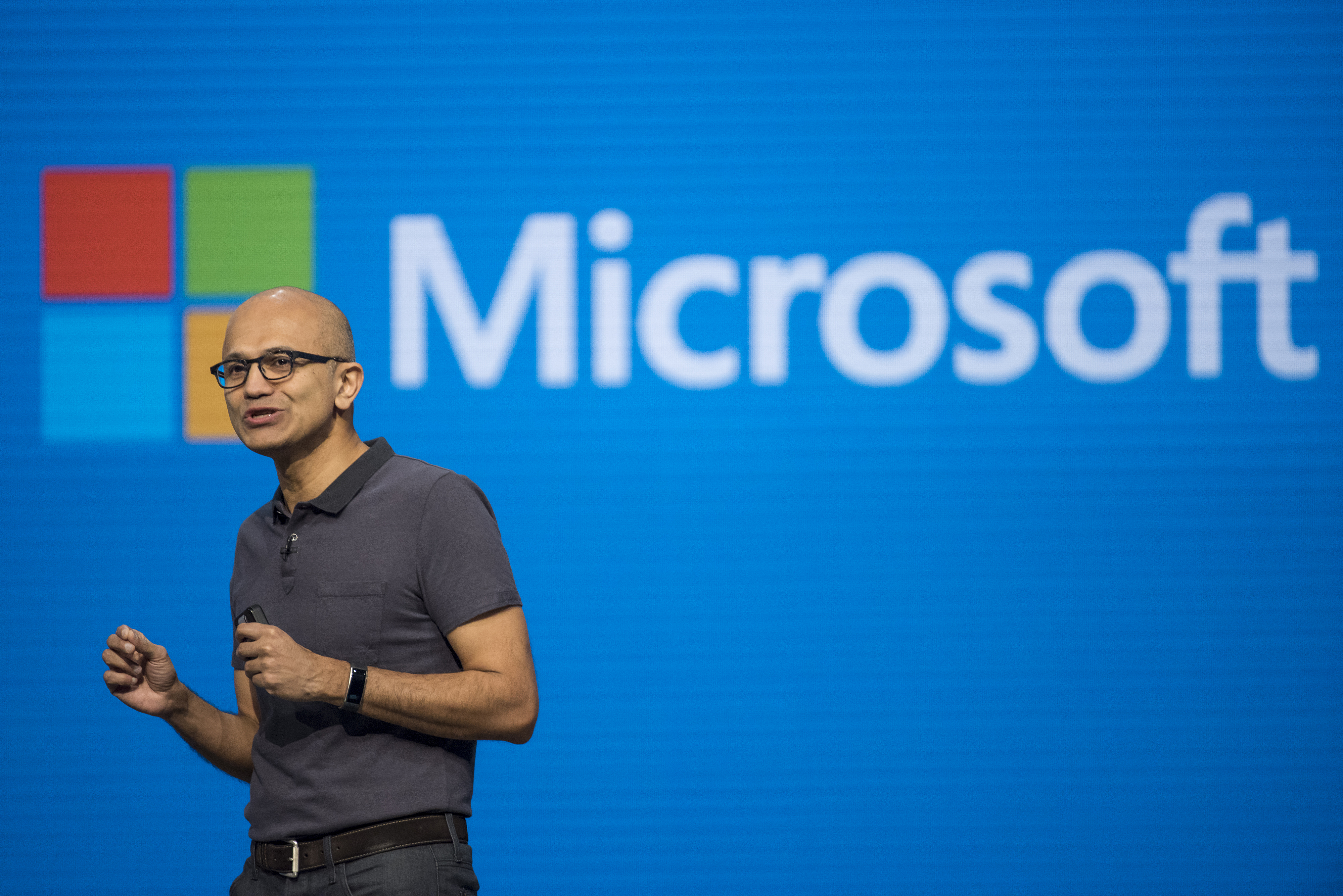 Satya Nadella, chief executive officer of Microsoft Corp., speaks during a keynote session at the Microsoft Developers Build Conference in San Francisco, California, U.S., on Wednesday, March 30, 2016. (Paul Morris—Bloomberg/Getty Images)