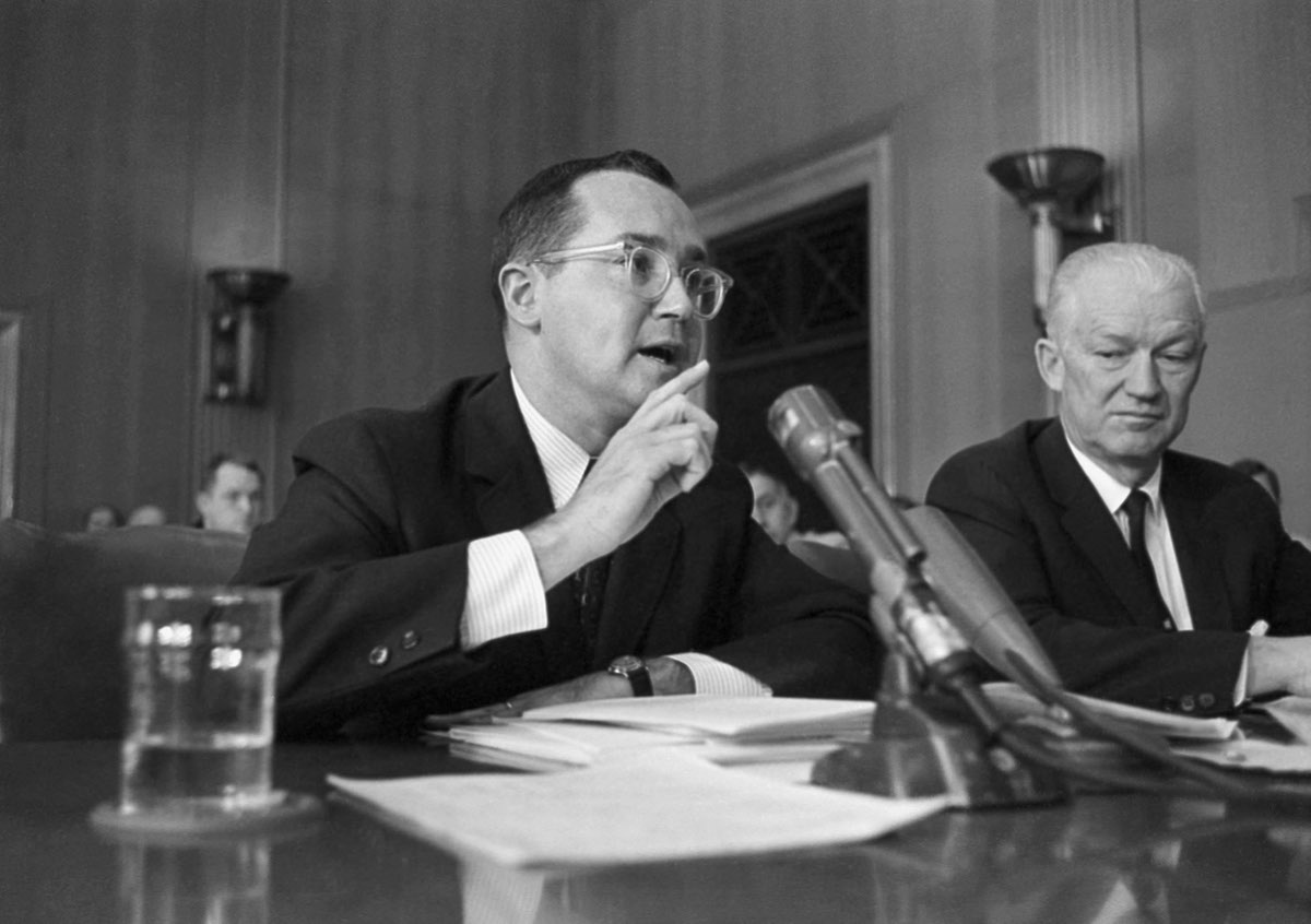 Newton N. Minow, FCC chairman, testifies before a Senate subcommittee on May 23, 1961, weeks after delivering his 'vast wasteland' speech. (AP)