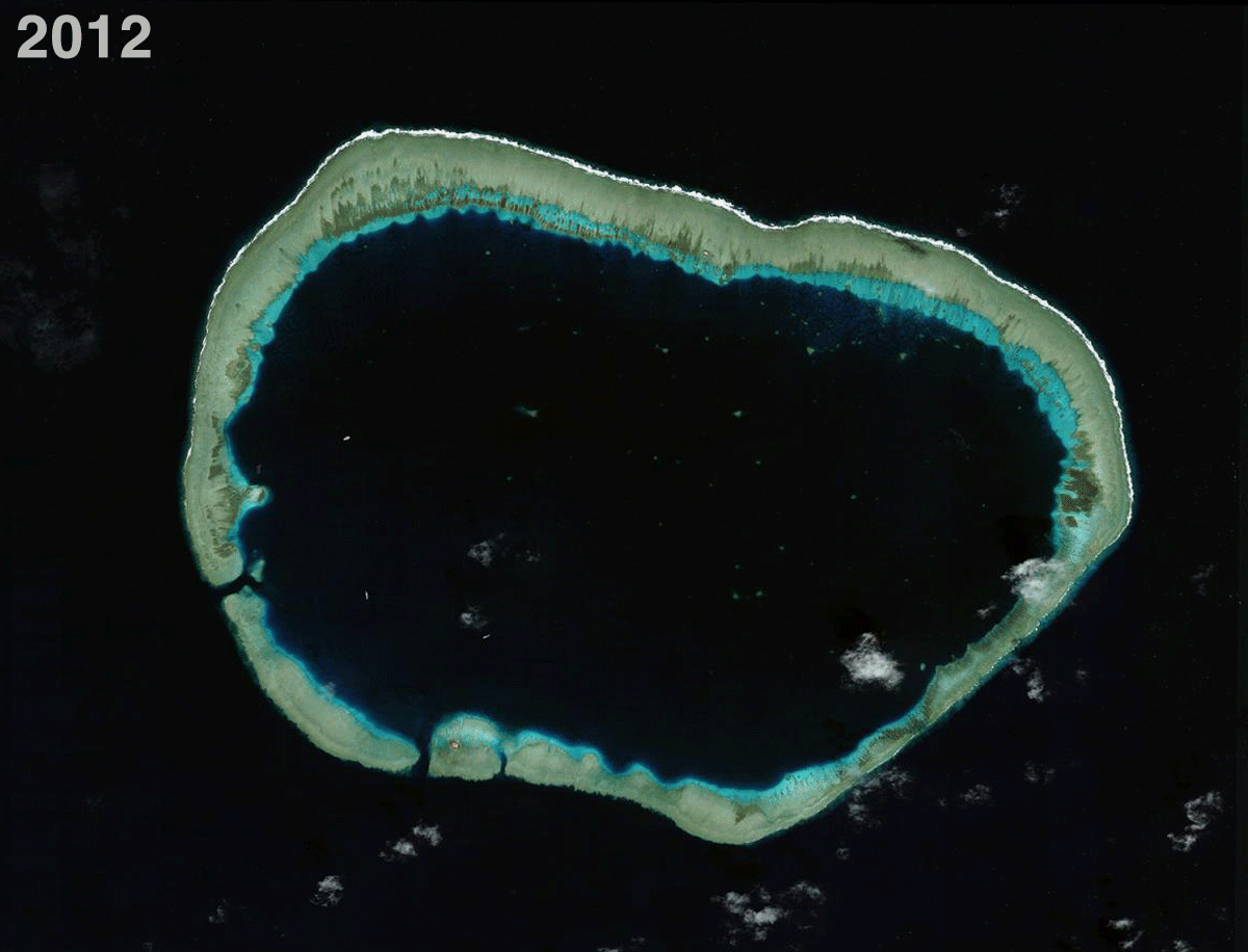 The buildup of Mischief Reef is shown from Jan. 24, 2012, to May 1, 2016. (CSIS Asia Maritime Transparency Initiative/DigitalGlobe (2012, 2015), DigitalGlobe/ScapeWare3d/Getty Images (2016), GIF by Andrew Katz for TIME)