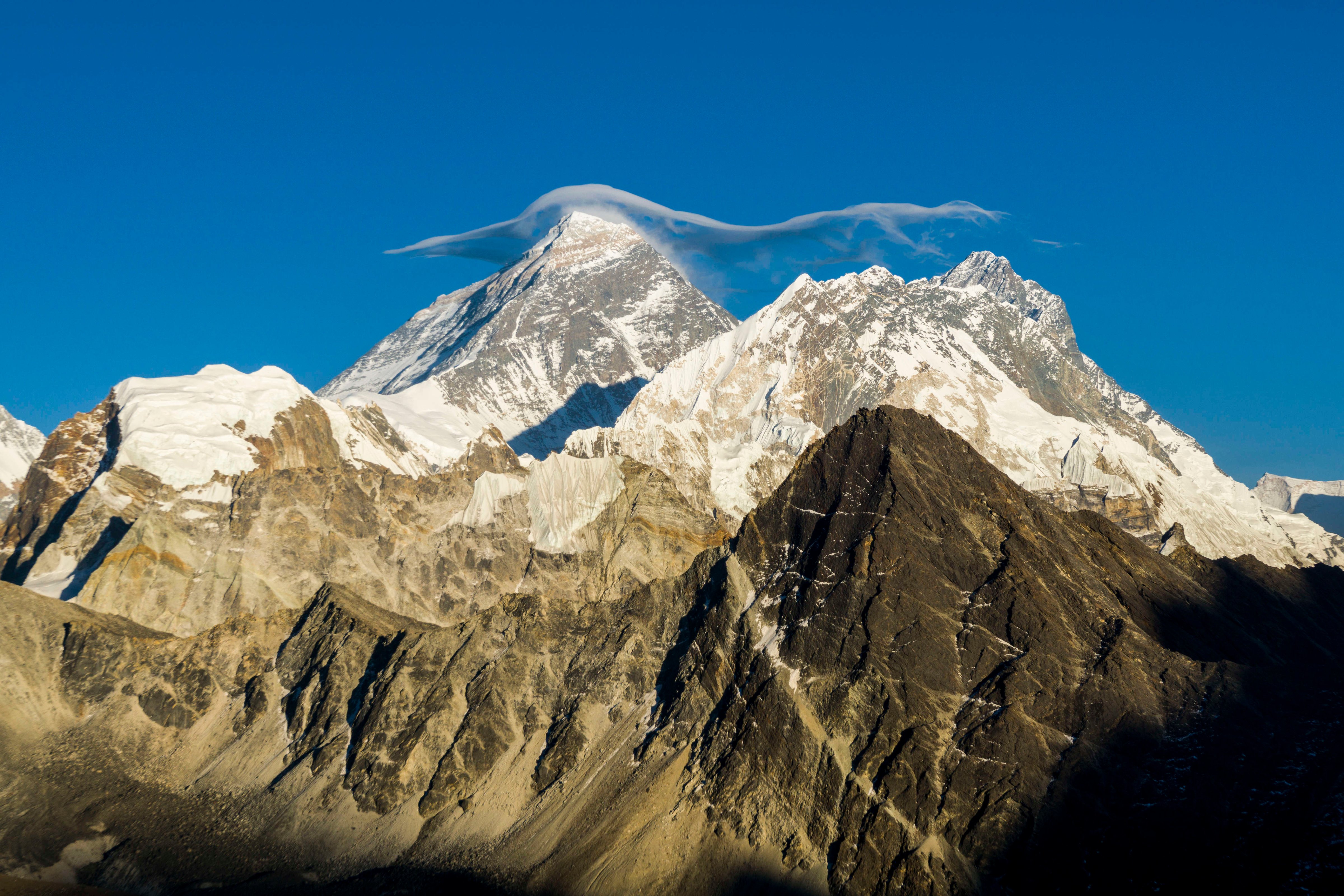Mt. Everest  with a white cloud on top, seen from Gokyo Ri at sunset. (Frank Bienewald—LightRocket/Getty Images)