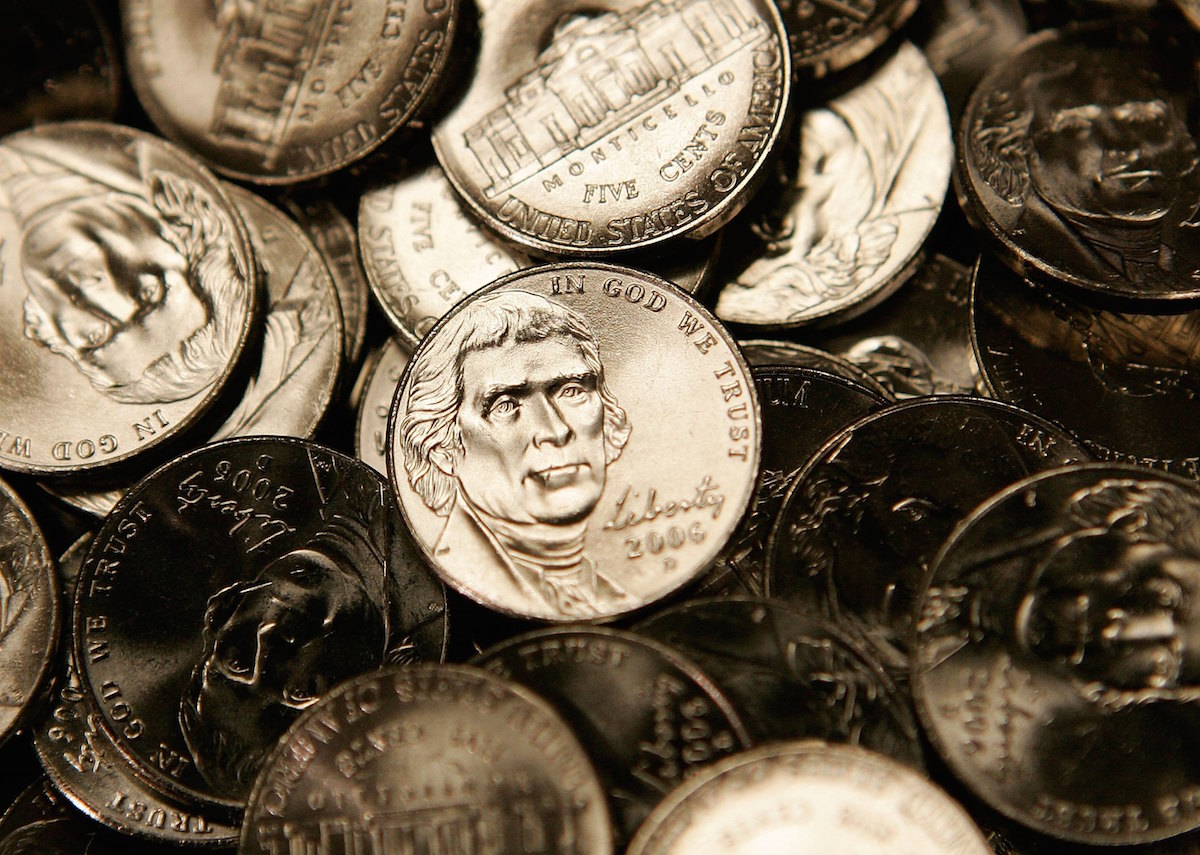 New U.S. nickels are shown on display at an unveiling ceremony Jan. 12, 2006 in Washington, DC. (Alex Wong—Getty Images)