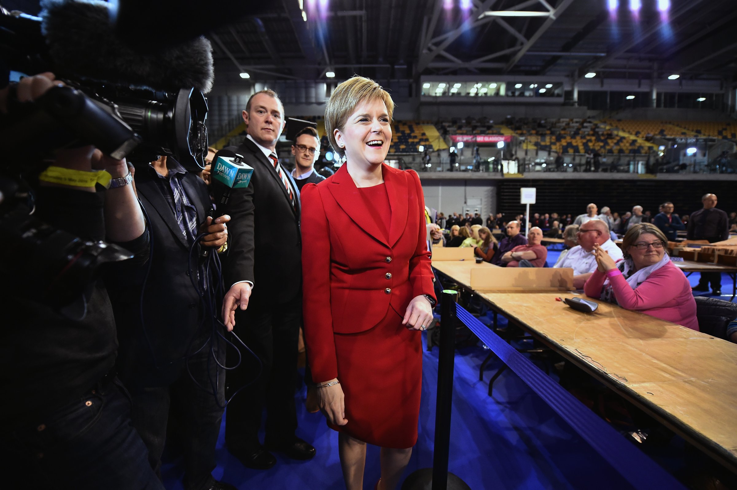 SNP leader Nicola Sturgeon arrives at the count for the Scottish Parliament elections at the Emirates Arena on May 6, 2016 in Glasgow,Scotland.