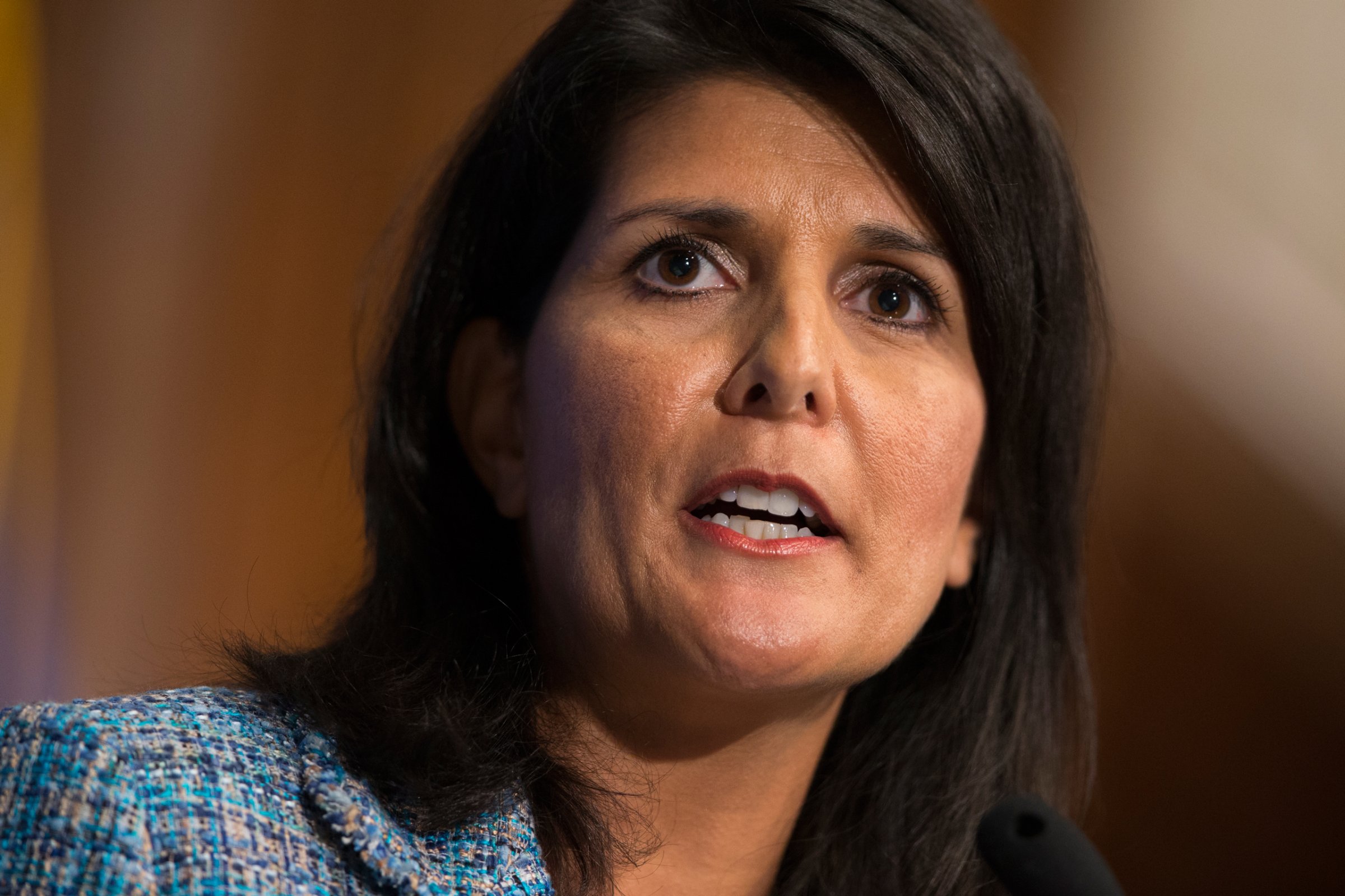 Gov. Nikki Haley, R- S.C., delivers a speech on "Lessons from the New South" during a luncheon at the National Press Club, on Wednesday, Sept. 2, 2015, in Washington. (AP Photo/Evan Vucci)