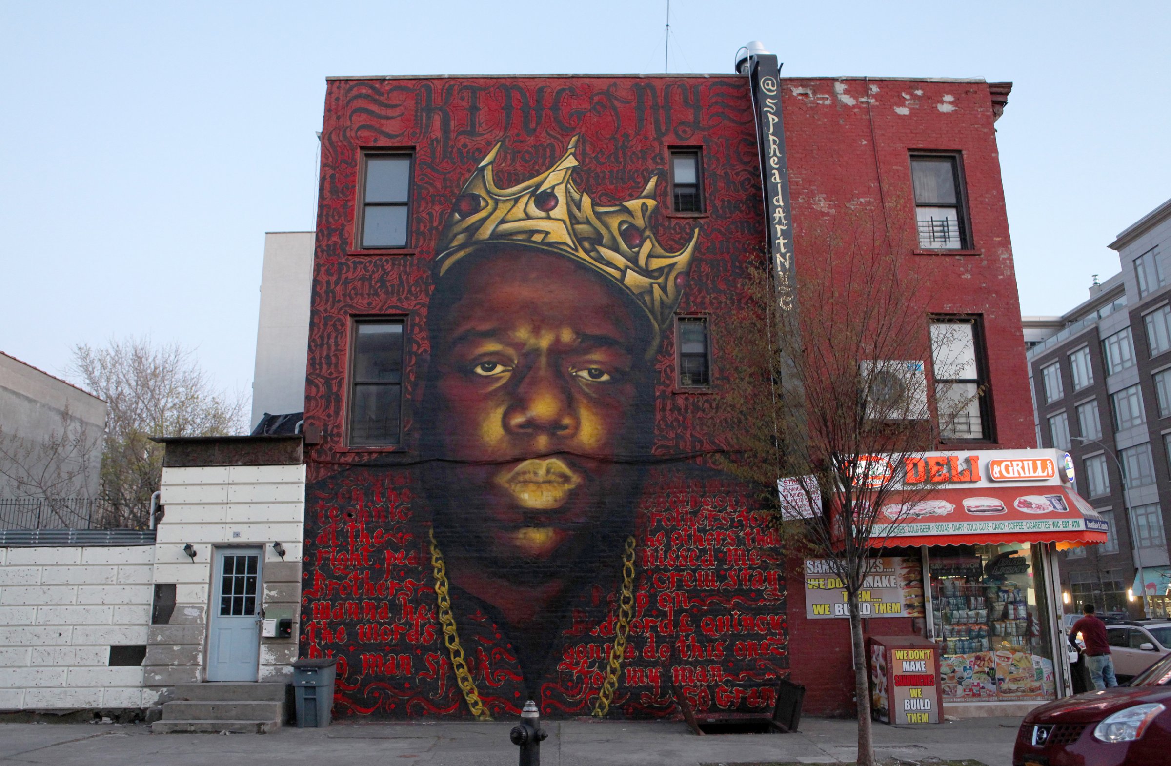 BROOKLYN, NY - APRIL 15: Scott 'Zimer' Zimmerman and Naoufal 'Rocko' Alaoui's mural of late rapper Christopher 'Notorious B.I.G.' Wallace in the Bedford-Stuyvesant neighborhood of Brooklyn, New York on April 15, 2016. (Photo By Raymond Boyd/Getty Images)