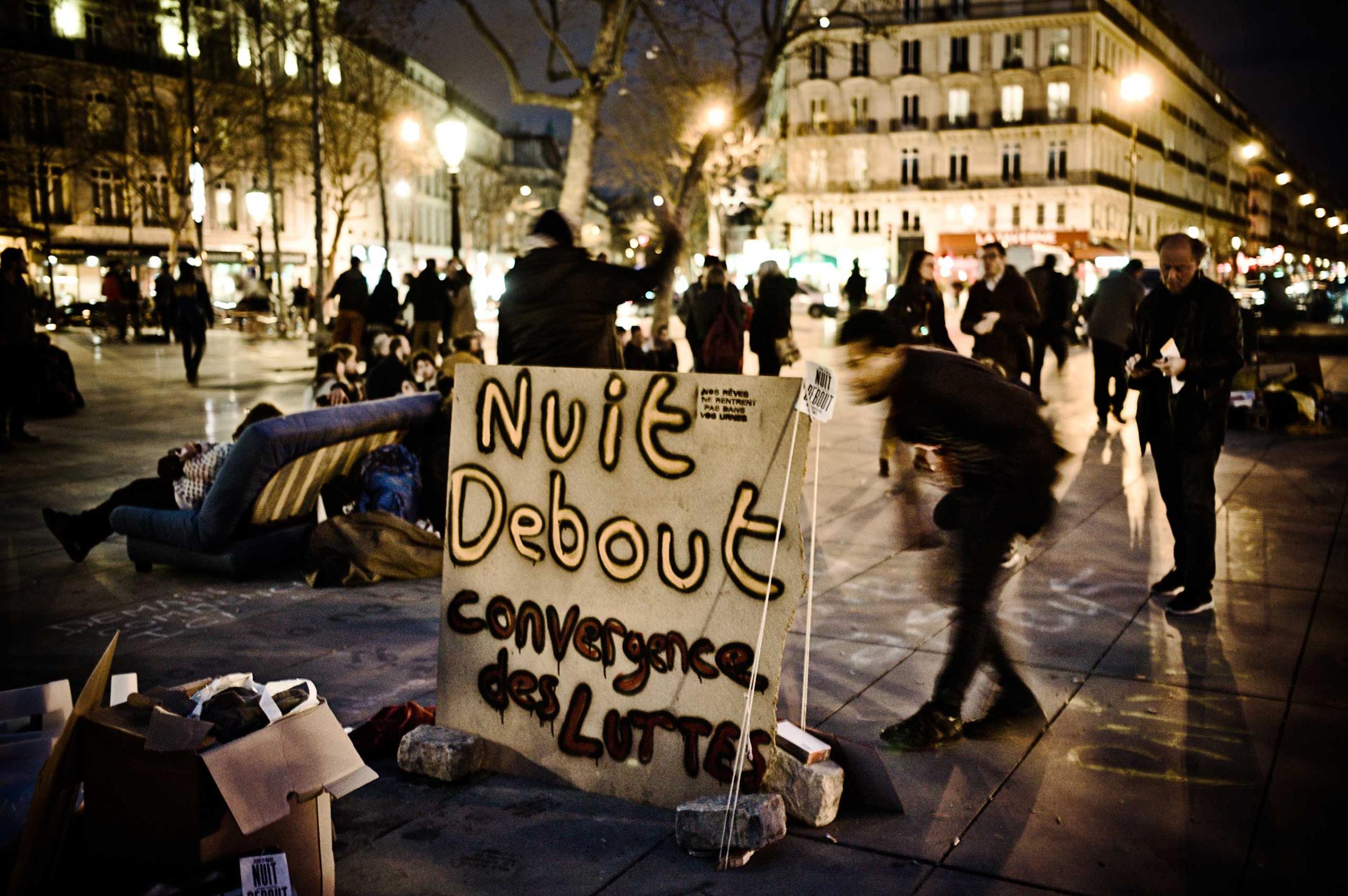 The movement of the Nuit Debout, loosely translated as “Standing Up at Night”, at the Place de la République in Paris, April 4, 2016.