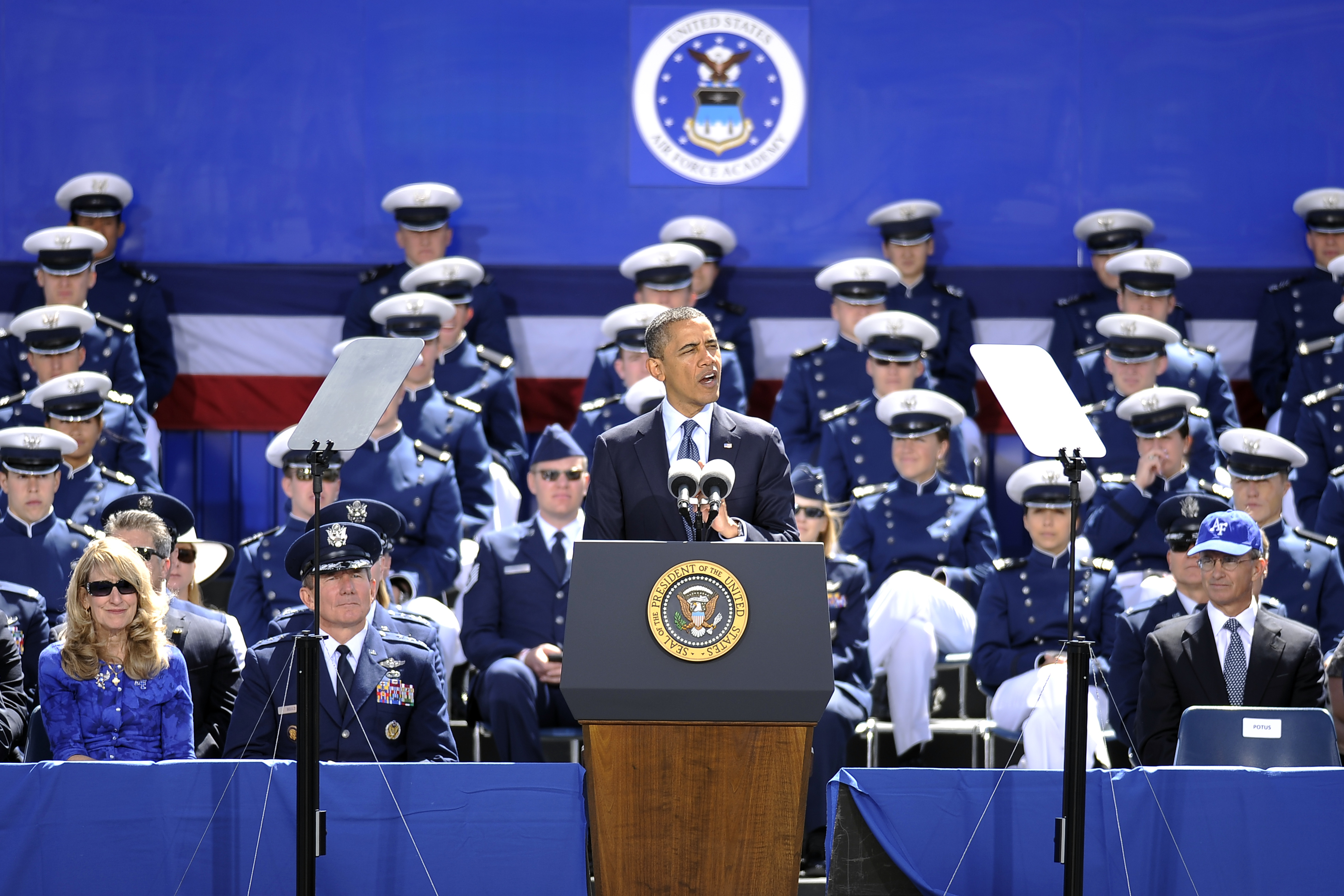 President Barack Obama speaks during the commencement ceremony at the United States Air Force Academy in Colorado Springs on May 23, 2012. (AAron Ontiveroz—Denver Post/Getty Images)