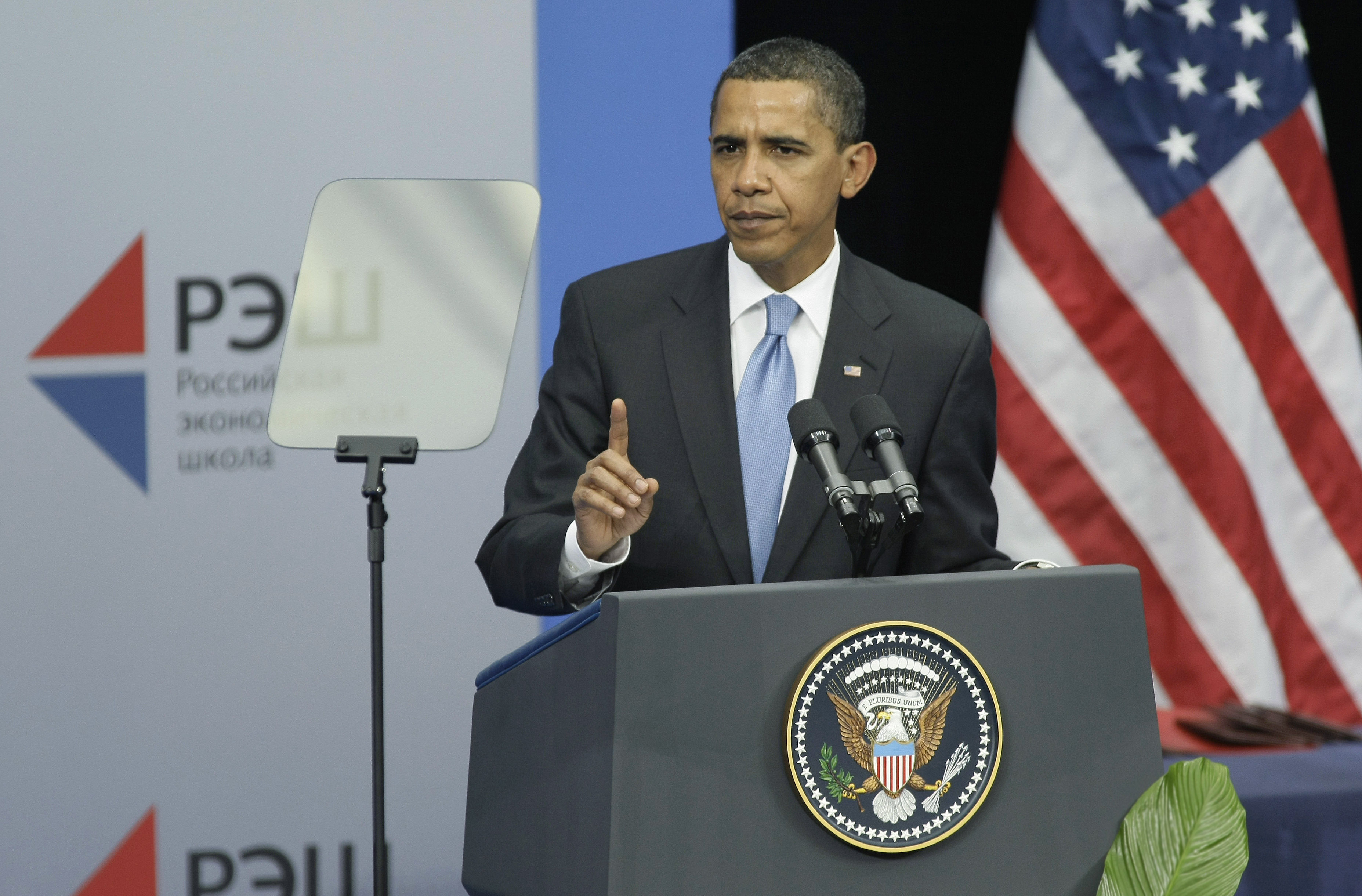 U.S. President Barack Obama, speaks at a graduation ceremony at the New Economic School in Moscow, Russia, on Tuesday, July 7, 2009. (Alexander Zemlianichenko Jr—Bloomberg / Getty Images)