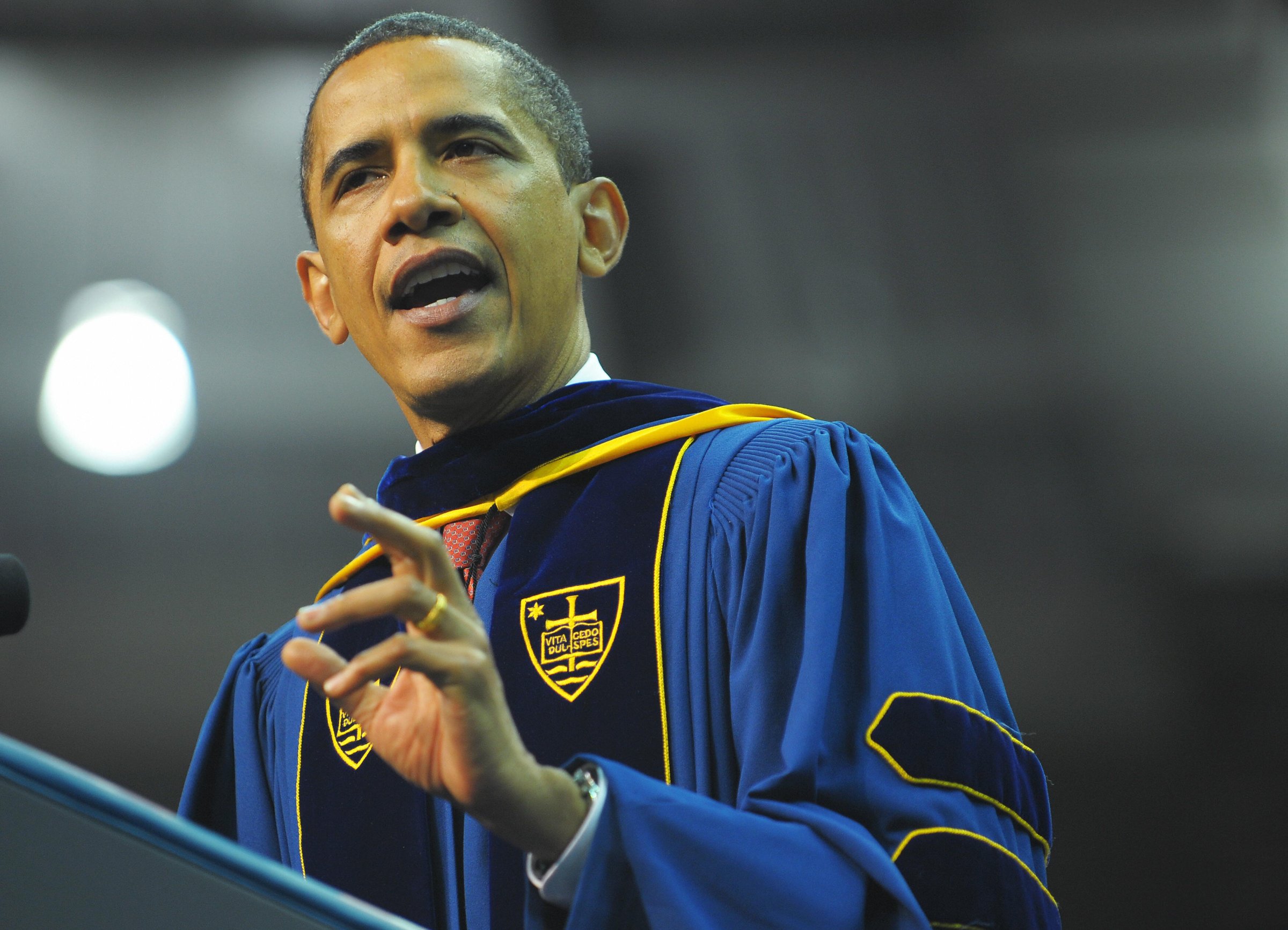US President Barack Obama speaks during the commencement ceremony in the Joyce Center of Notre Dame University in South Bend, Indiana, May 17, 2009.