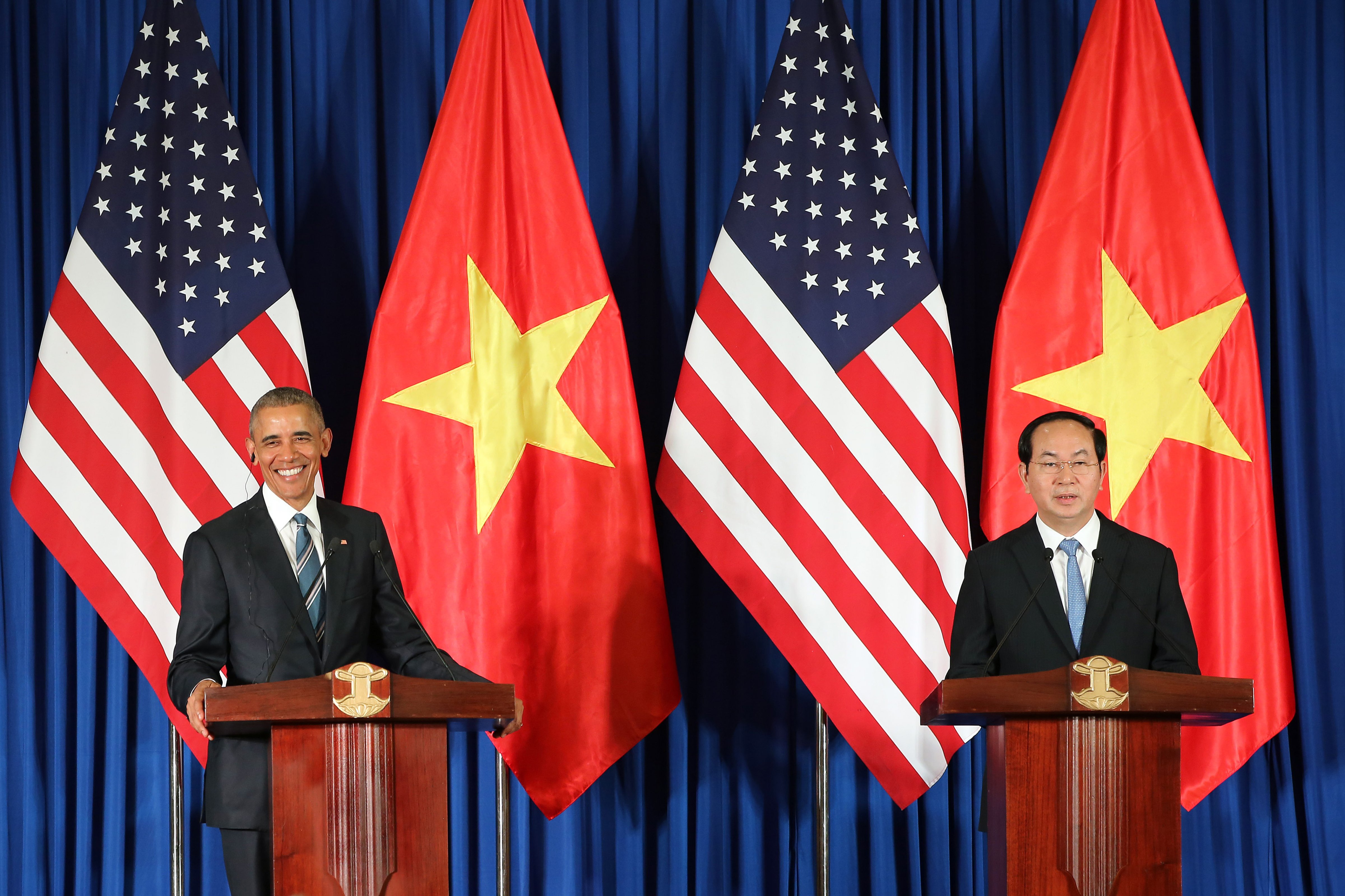 Vietnam's President Tran Dai Quang, right, and US President Barack Obama attend a press conference in Hanoi, Vietnam, May 23, 2016. (Luong Thai Linh—Pool/AP)