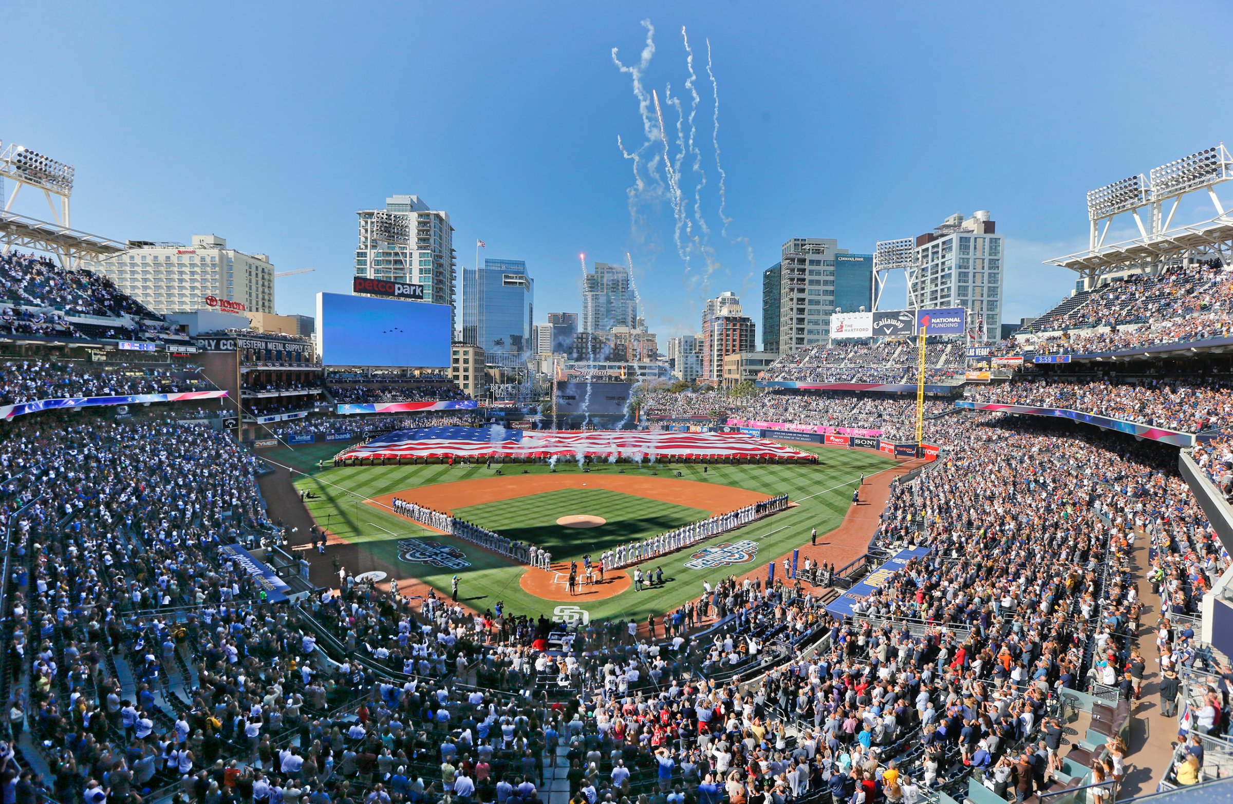 Opening day ceremonies are performed at Petco Park before a baseball game between the Los Angeles Dodgers and the San Diego Padres in San Diego, April 4, 2016.