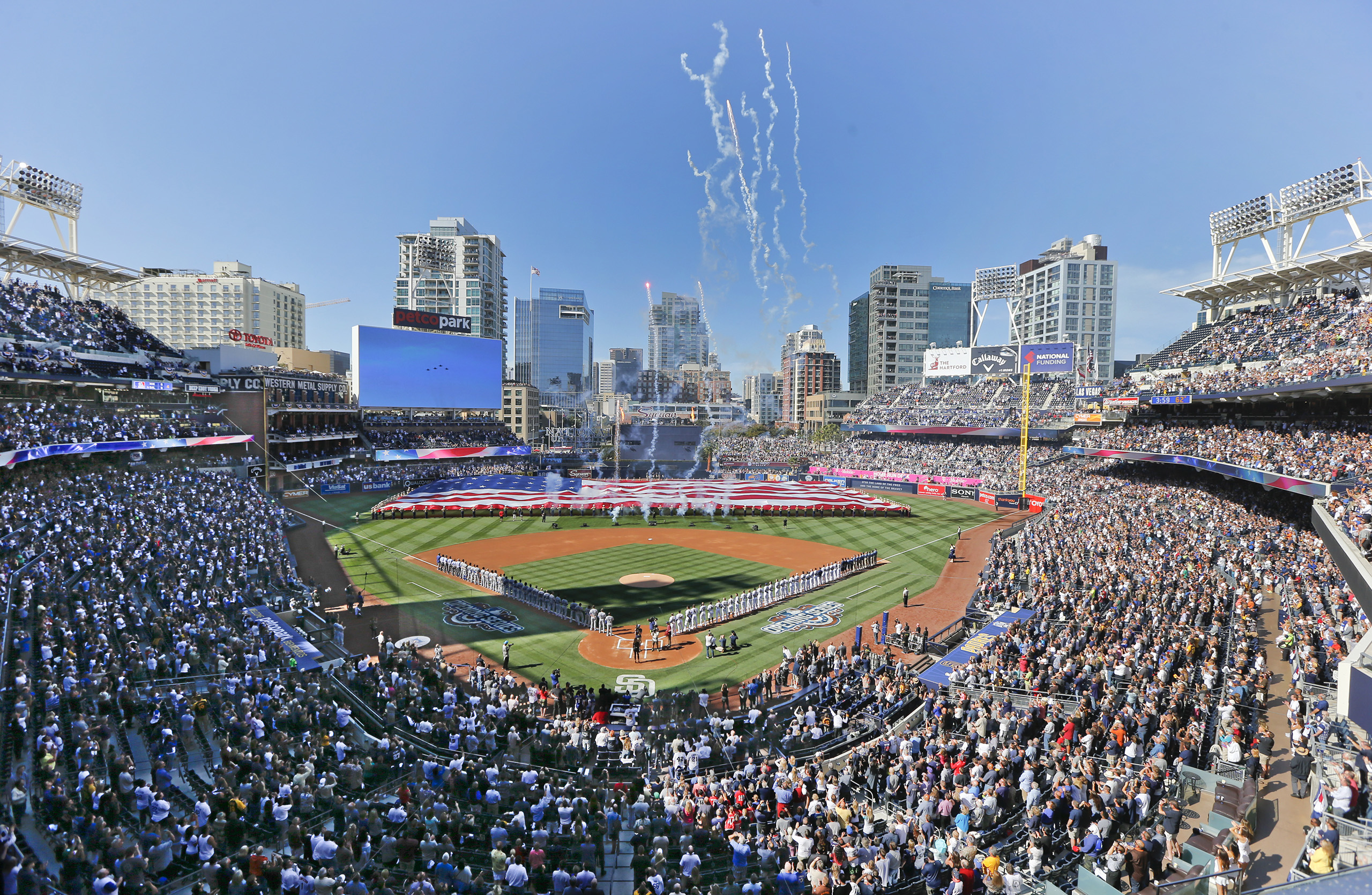 Opening day ceremonies are performed at Petco Park before a baseball game between the Los Angeles Dodgers and the San Diego Padres in San Diego, April 4, 2016. (Lenny Ignelzi—AP)