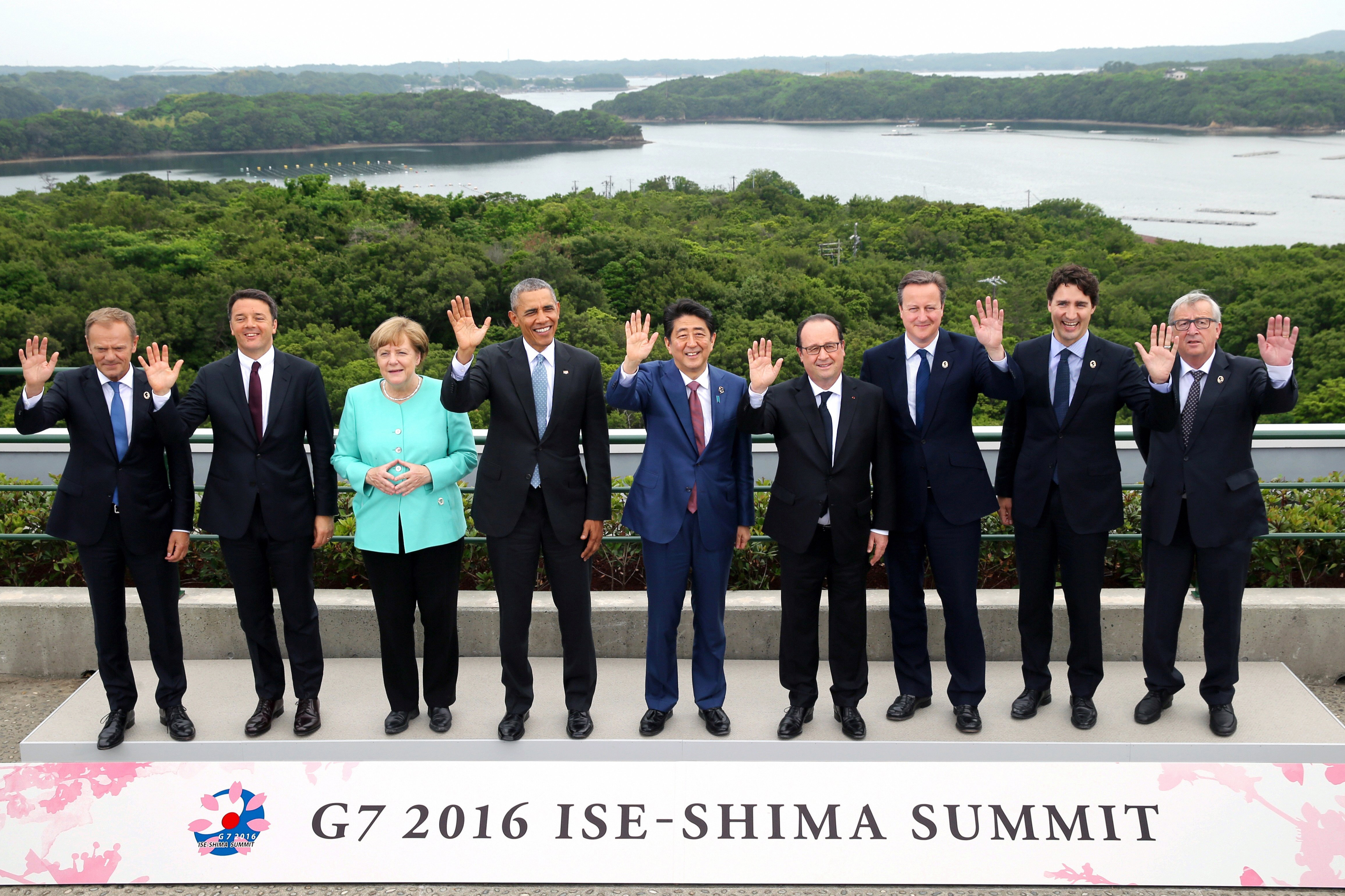 European Council President Donald Tusk, Italian Prime Minister Matteo Renzi, German Chancellor Angela Merkel, U.S. President Barack Obama, Japanese Prime Minister Shinzo Abe, French President Francois Hollande, British Prime Minister David Cameron, Canadian Prime Minister Justin Trudeau and European Commission President Jean-Claude Juncker pose for photographs at the family photo session during the Group of Seven summit on May 26, 2016 in Shima, Mie, Japan.