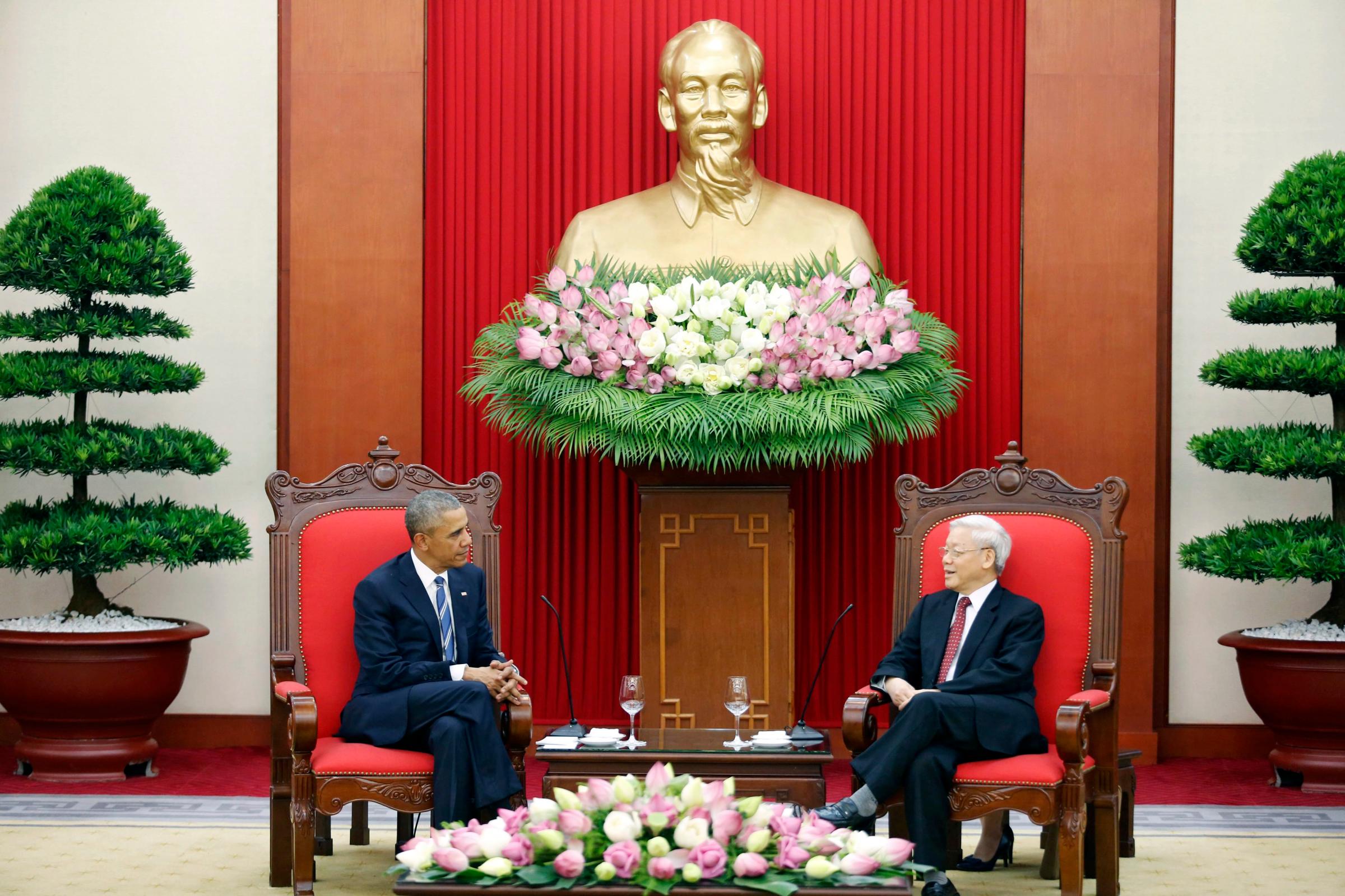 President Barack Obama and Vietnam's Communist Party General Secretary Nguyen Phu Trong speak in Hanoi, Vietnam, on May 23.