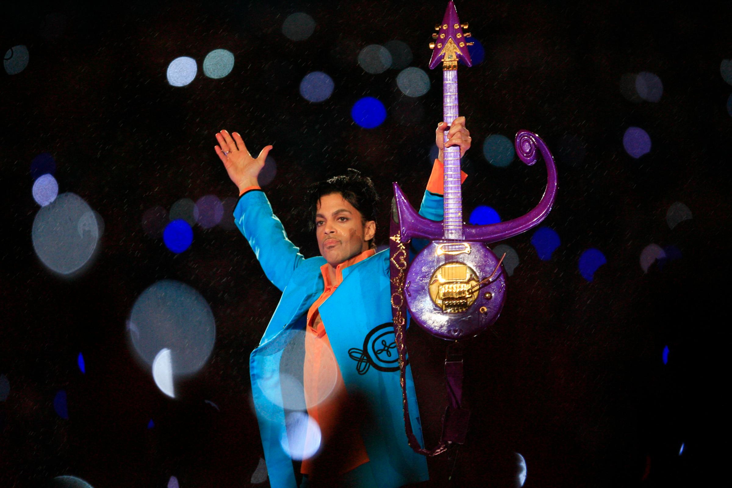 Prince performs during the 'Pepsi Halftime Show' at Super Bowl XLI between the Indianapolis Colts and the Chicago Bears on Feb. 4, 2007 at Dolphin Stadium in Miami Gardens, Fla.