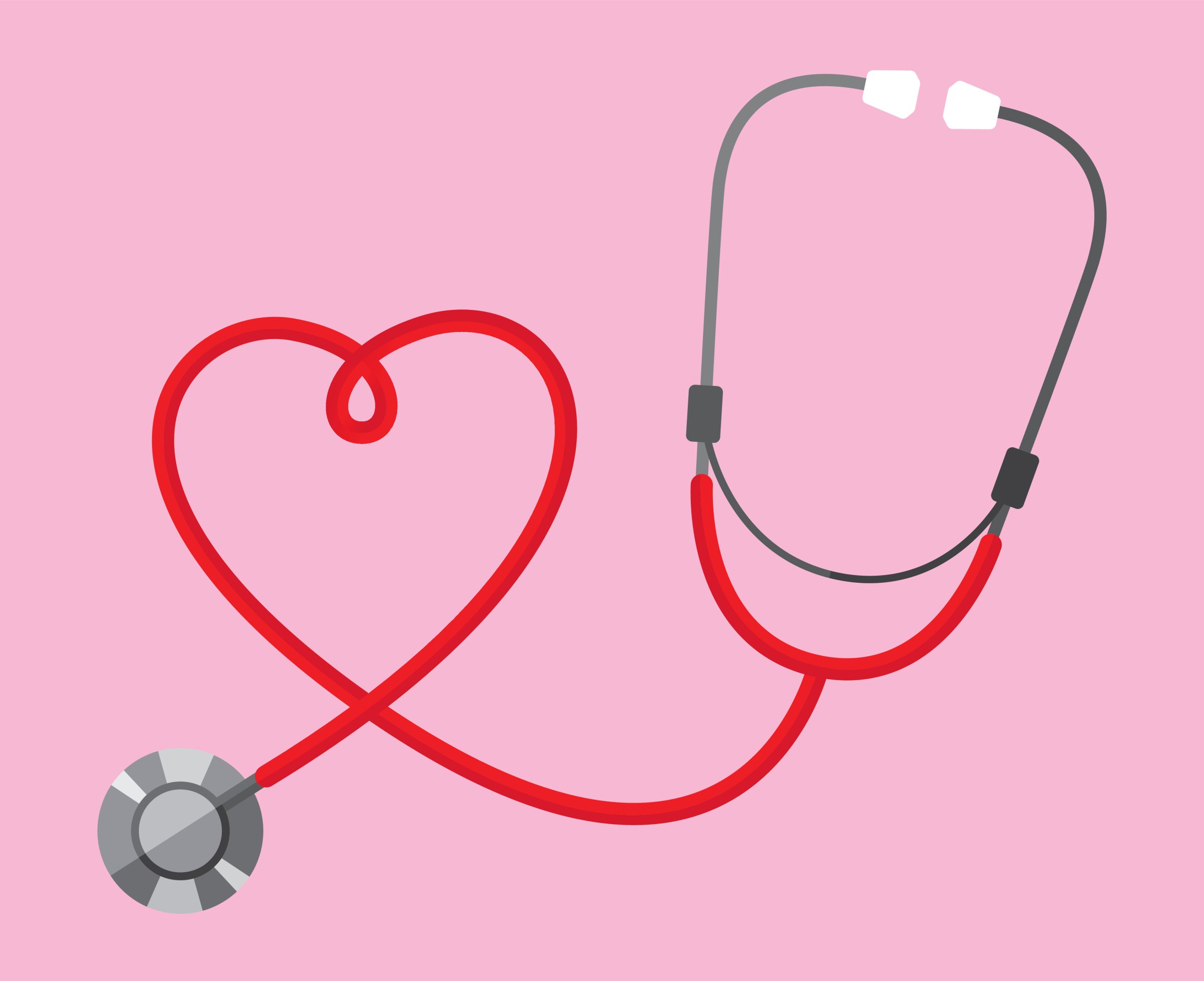 Vector illustration of a stethoscope twisted into the shape of a heart on a pink background.