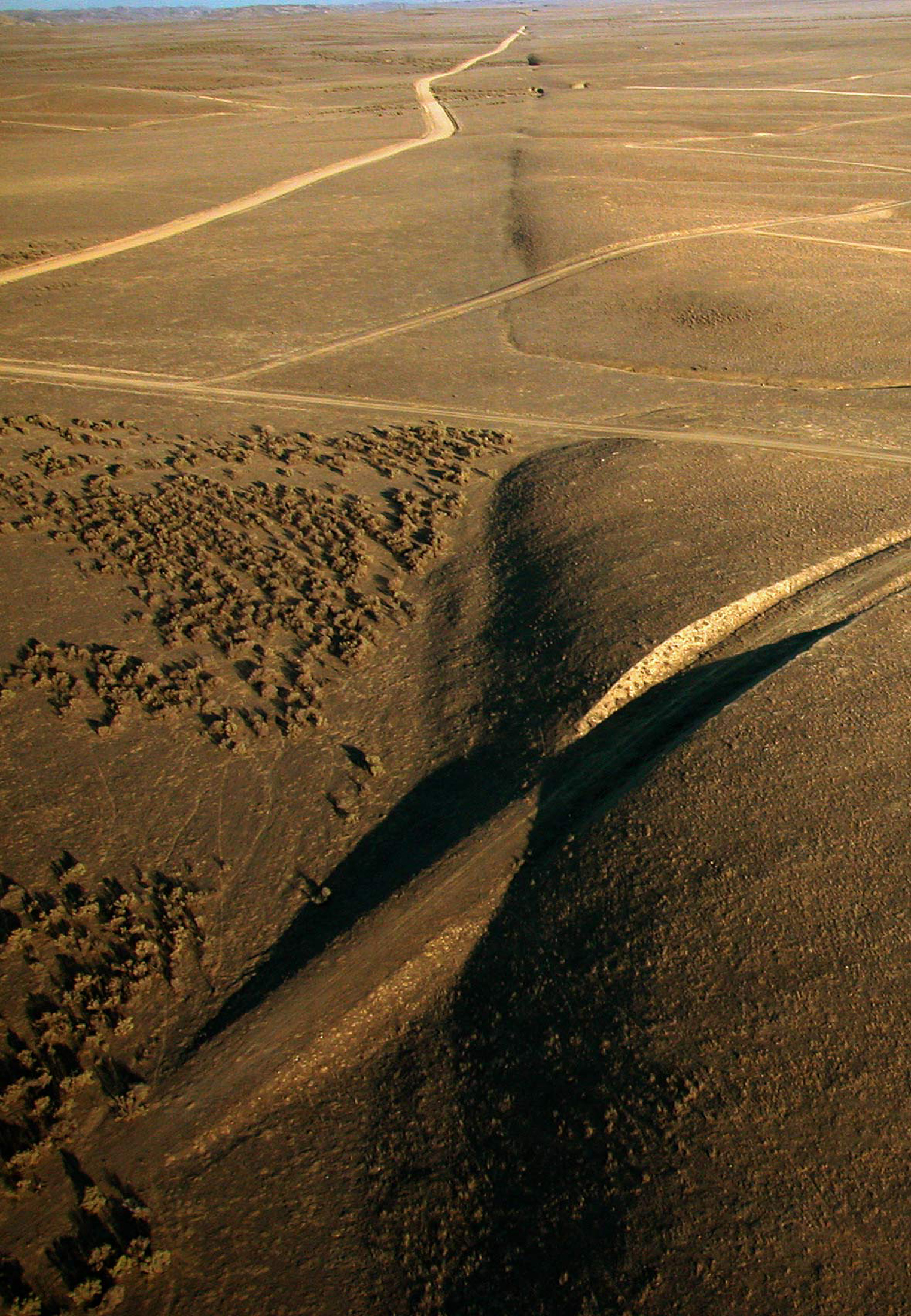 A view of the San Andreas Fault looks southeast in the Carrizo Plain, north of Wallace Creek, California