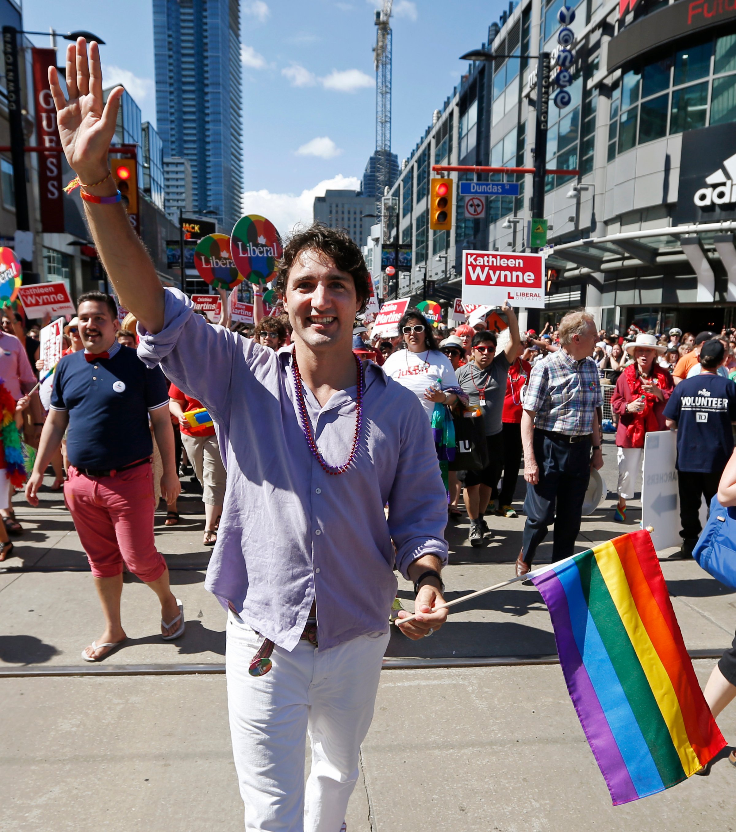Liberal Party of Canada leader Trudeau marches during the gay pride parade in Toronto