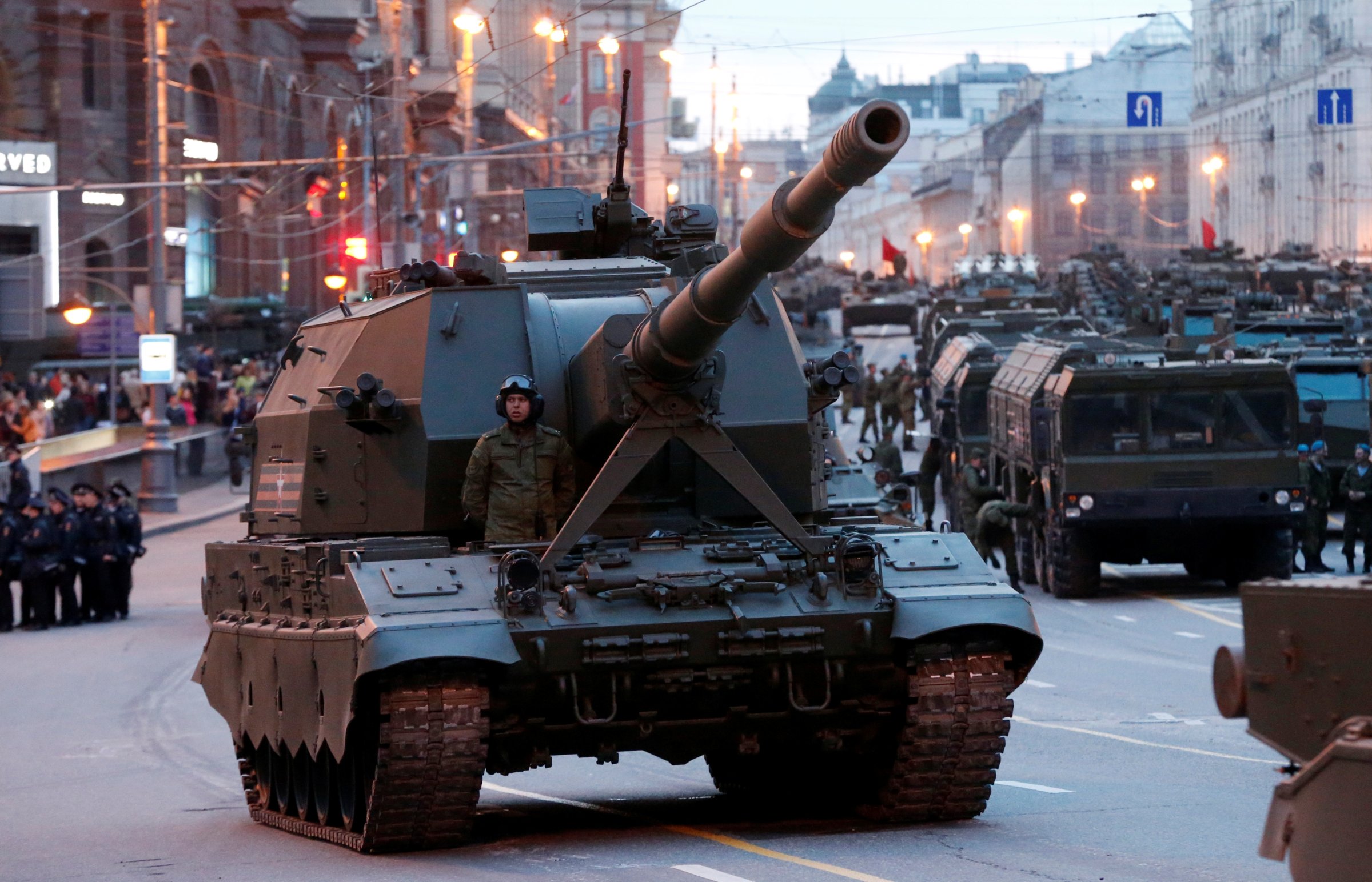 Russian military vehicles are parked in Tverskaya street before moving towards Red Square for a rehearsal for the Victory Day parade in central Moscow