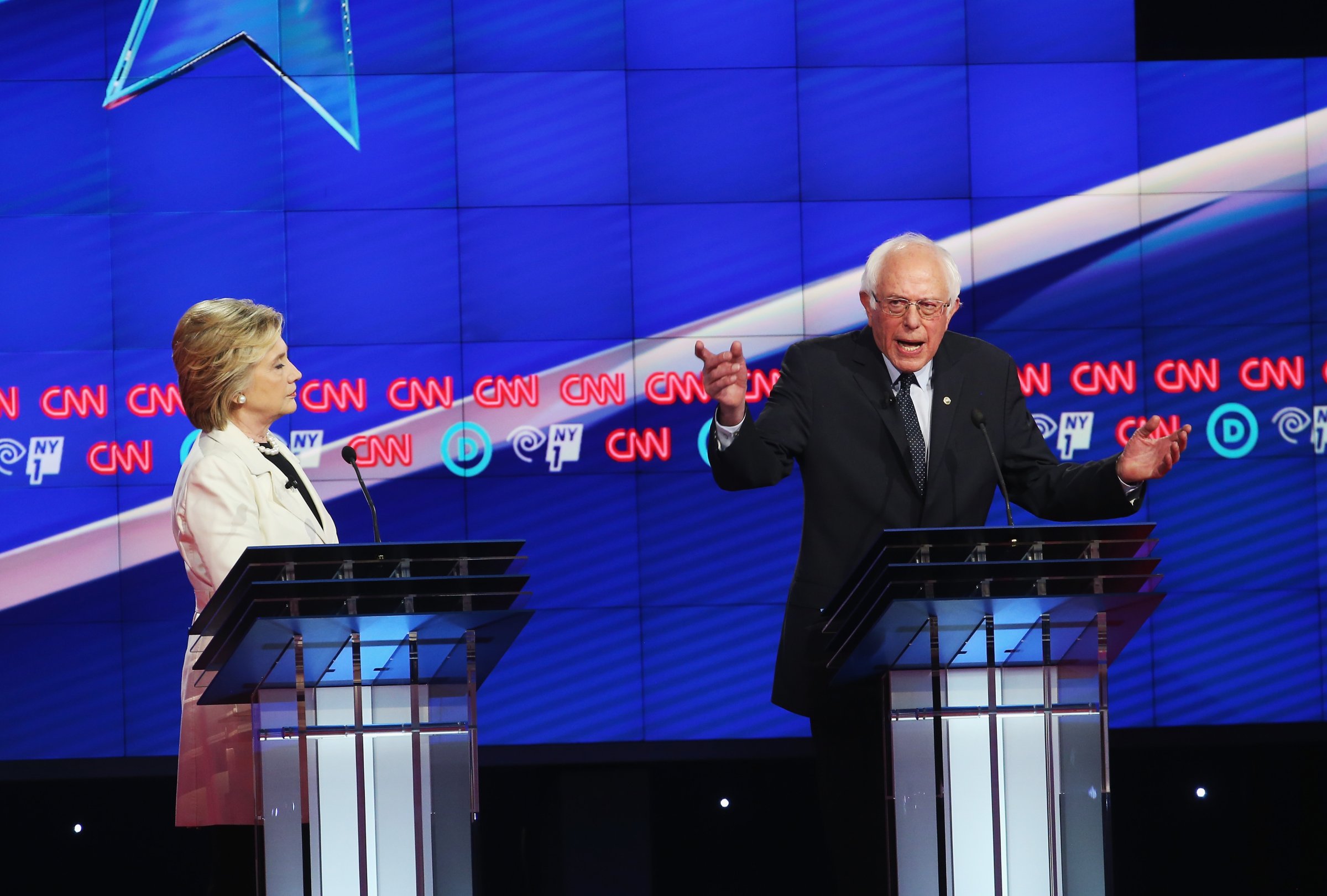 Democratic Presidential candidates Hillary Clinton and Sen. Bernie Sanders (D-VT) debate during the CNN Democratic Presidential Primary Debate at the Duggal Greenhouse in the Brooklyn Navy Yard on April 14, 2016 in New York City.