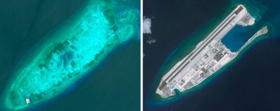 DigitalGlobe imagery, before construction began, of the the Fiery Cross Reef located in the South China Sea.  Photo DigitalGlobe via Getty Images.