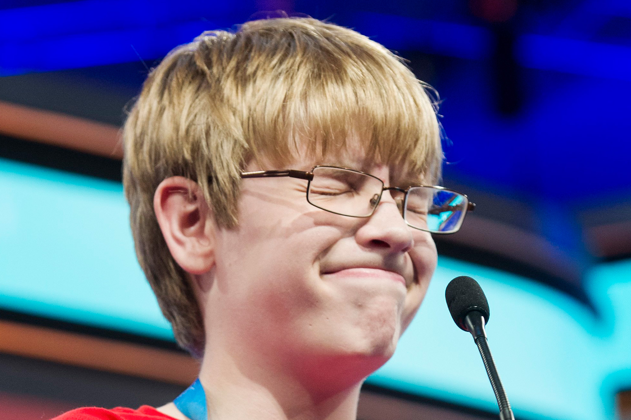 Mark Beaulieu, 13, from Lexington Park, Md., reacts to misspelling his word during the preliminary round three of the Scripps National Spelling Bee in National Harbor, Md., May 25, 2016.