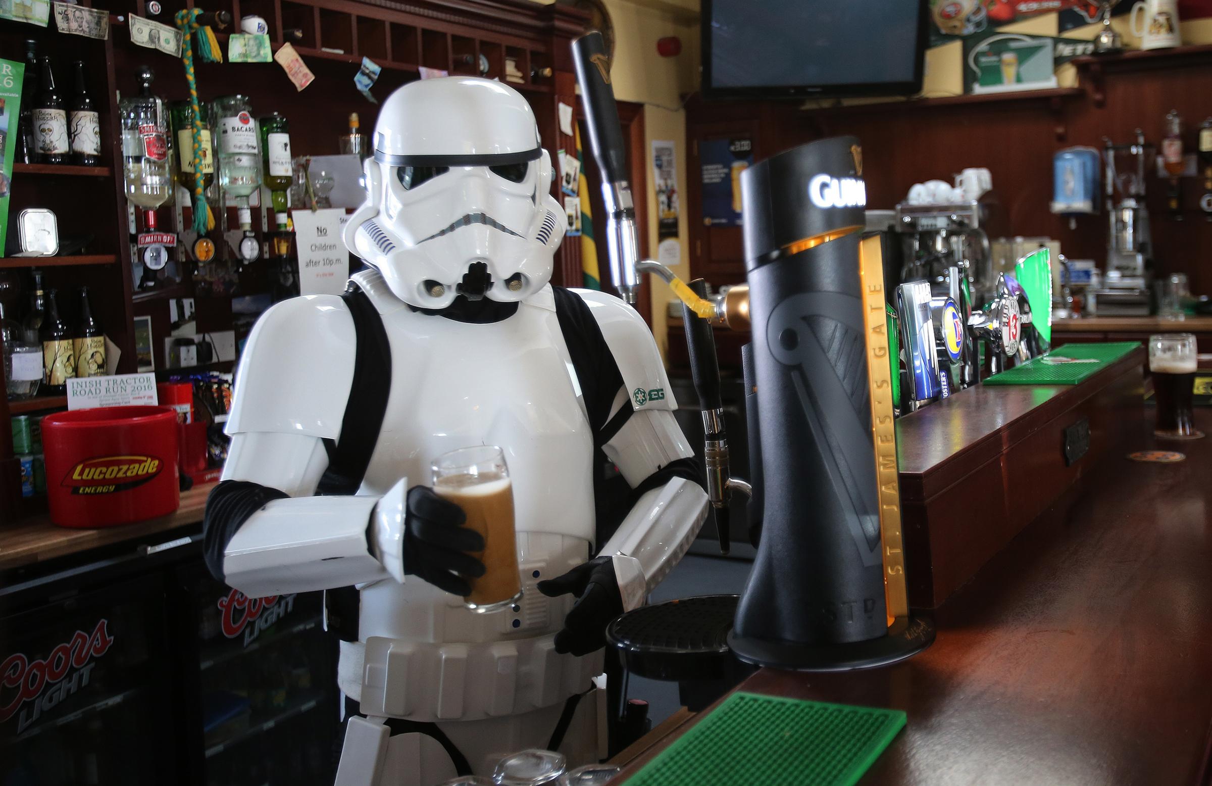 JJ McGettigan from the Emerald Garrison, a star Wars costuming club, in Farrens Bar in Malin Head, Co Donegal Ireland, as filming for the next Star Wars movie will take place there, May 12, 2016.