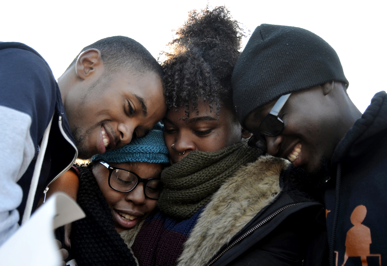 Members of Concerned Student 1950 embrace after the announcement that University of Missouri System President Tim Wolfe would resign Nov. 9, 2015, in Columbia, Mo. (Halee Rock—The Missourian/AP)