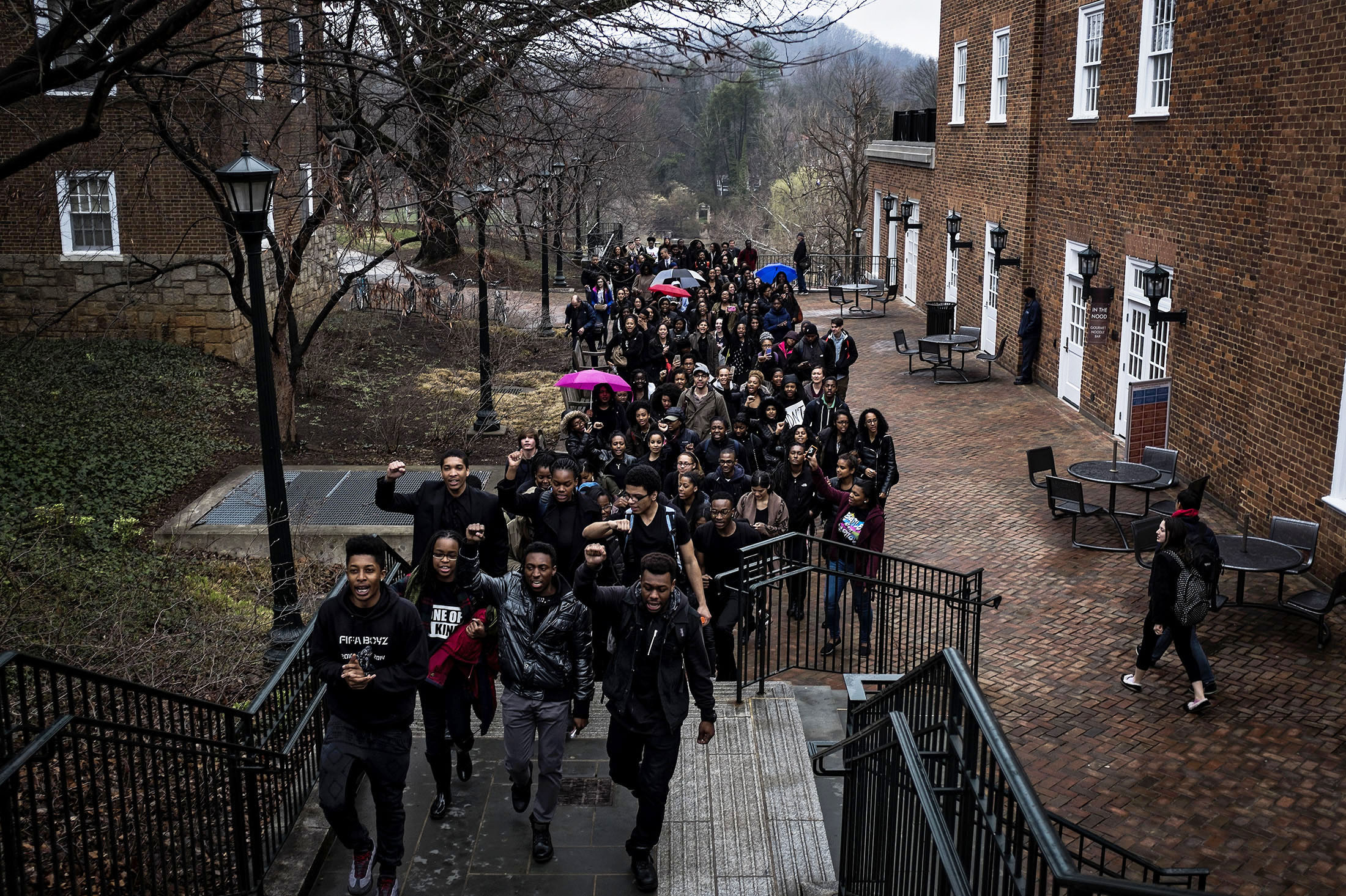 Students protest at the University of Virginia following the arrest by ABC police of student Martese Johnson outside a bar in Charlottesville, Va. on March 20, 2015. (Lawler Duggan/For The Washington Post—Getty Images))