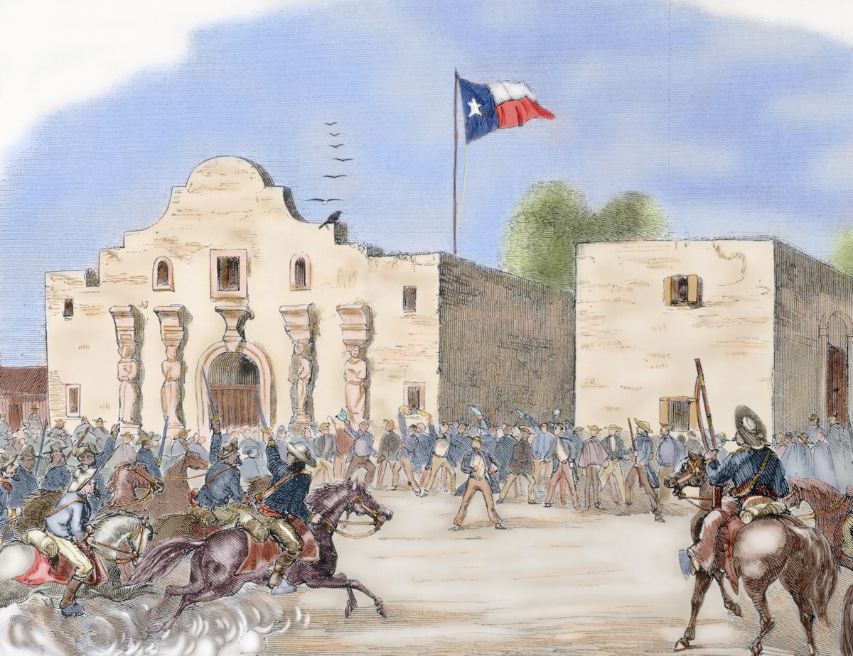 An illustration of the Texas State Flag waving over The Alamo, San Antonio. Engraving from "Harper's Weekly," 1861.