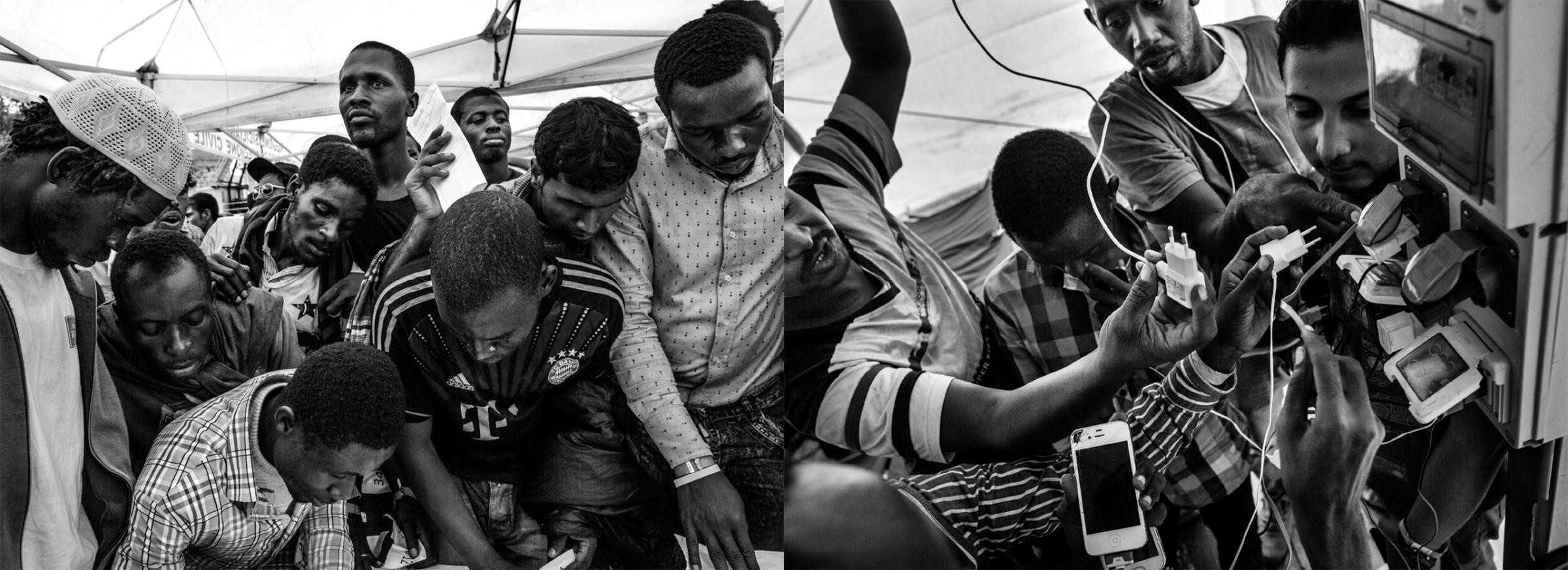 A double page from The Dream: At left; African migrants register at the port of Messina, Italy, July 22, 2015. At right; Refugees recharge their phones after the long sea journey, Augusta, Italy, June 20, 2015,