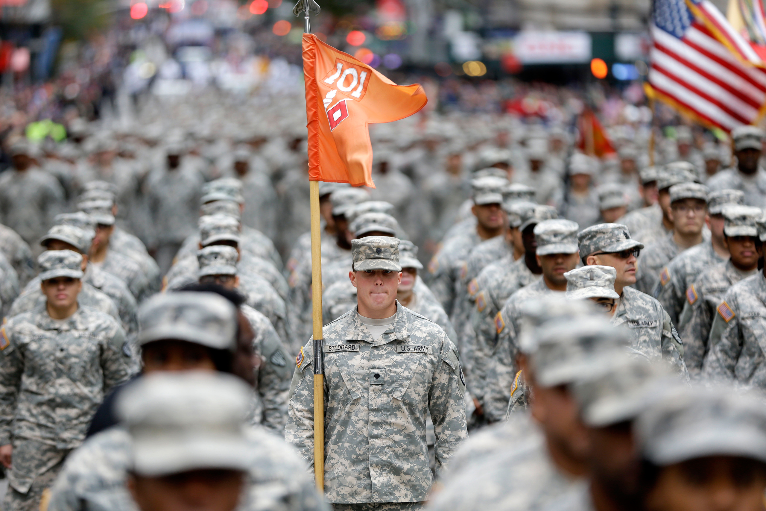 Military personnel march in the annual Veteran's Day parade in New York on Nov. 11, 2015. (Seth Wenig—AP)