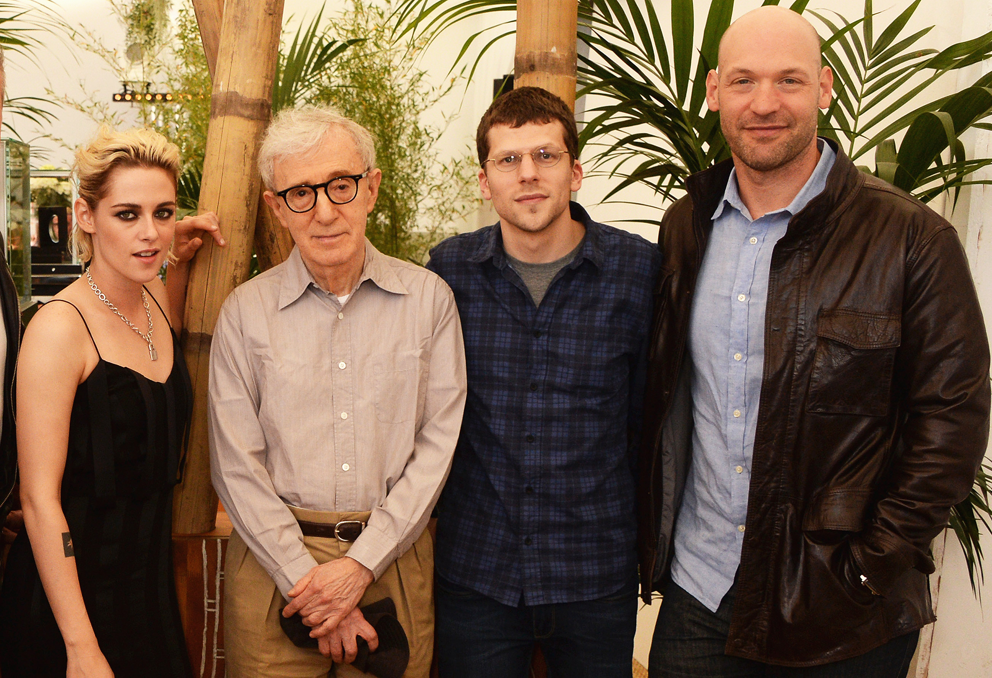 From left: Kristen Stewart, Woody Allen, Jesse Eisenberg and Corey Stoll on May 12, 2016 in Cannes, France.