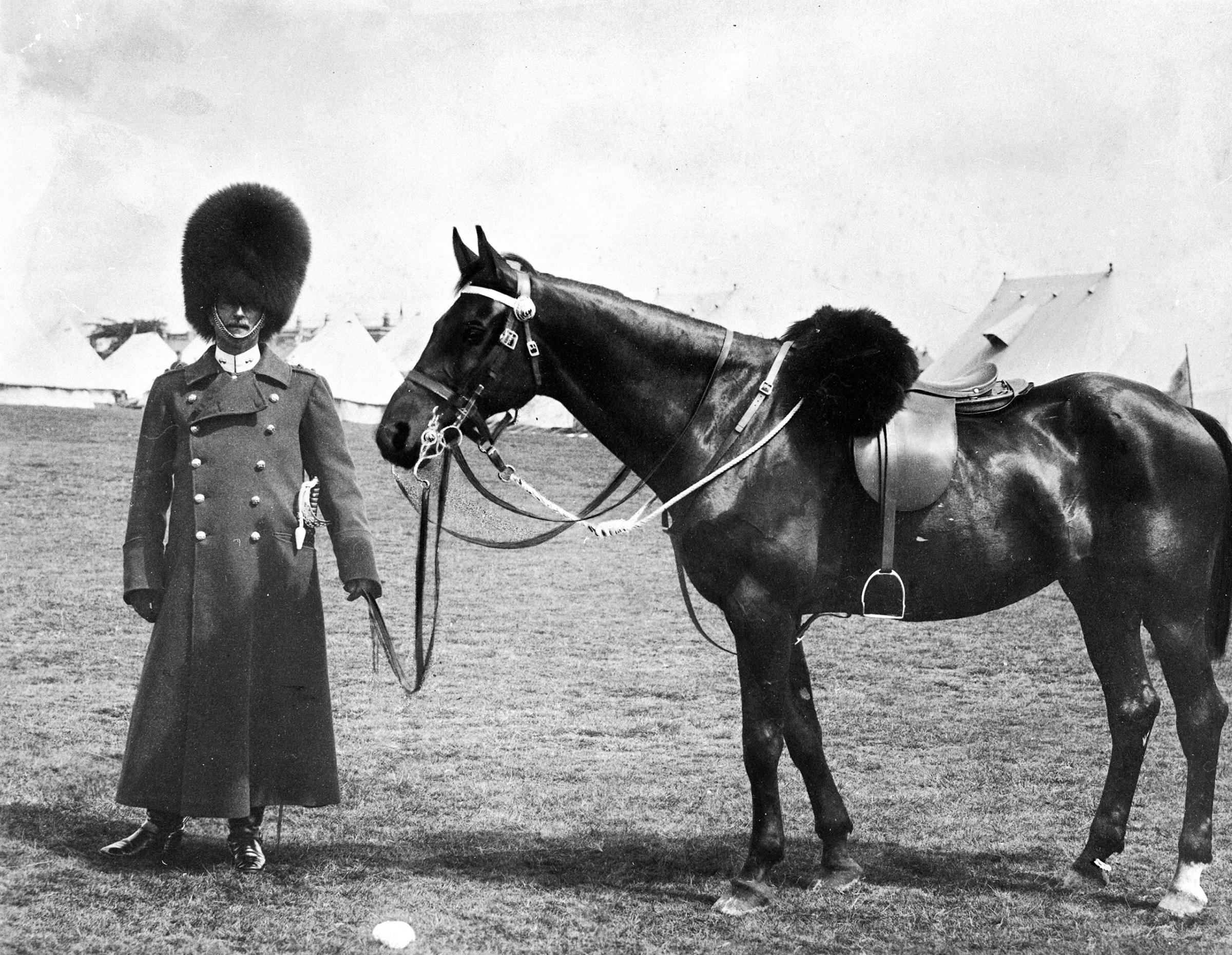A Grenadier Guard wearing the grenadier's bearskin cap at a military encampment in Dublin. Circa 1910.