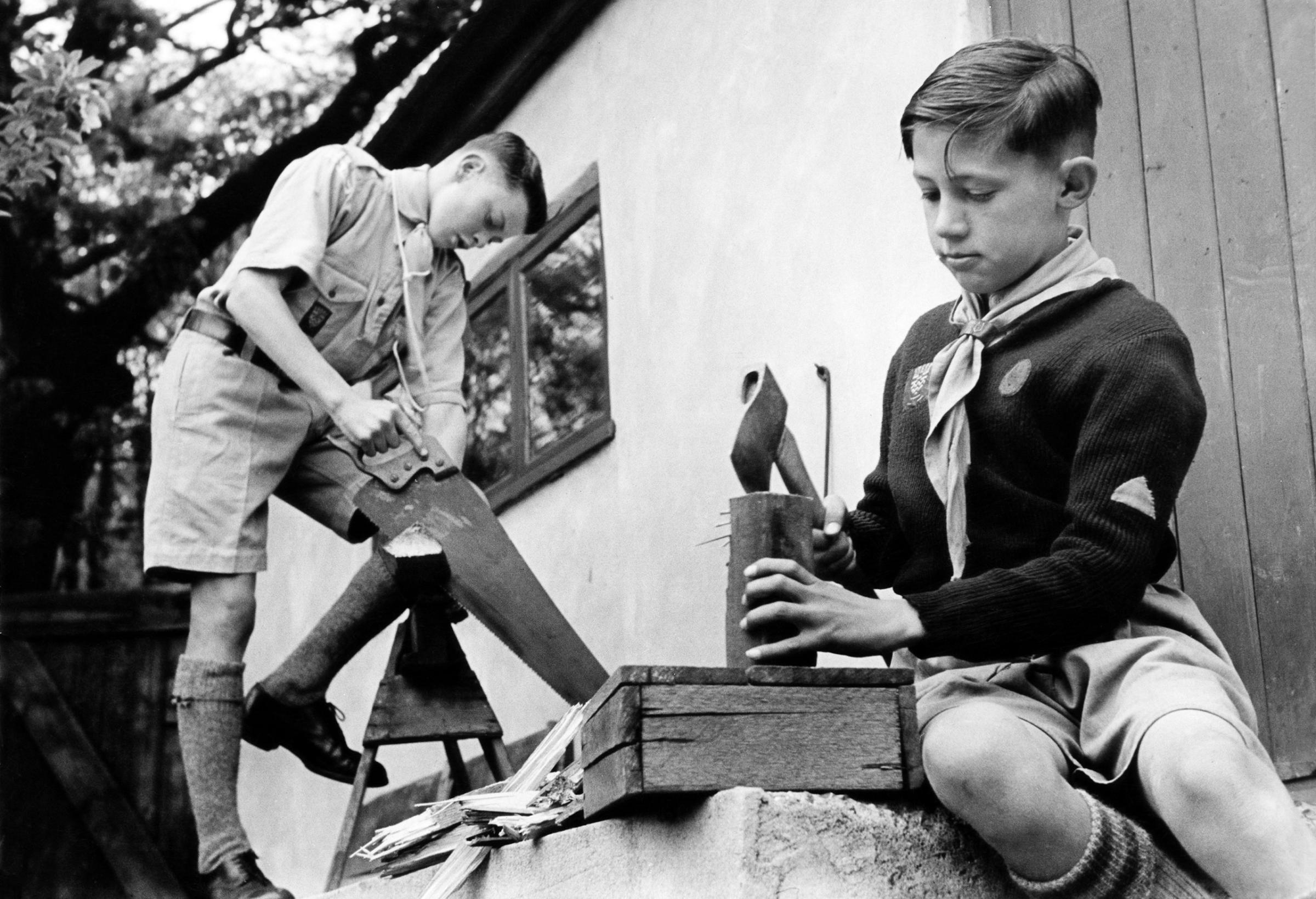 Boy scouts of the 7th Royal Eltham Troop earning money for the Boy Scout Association by chopping firewood, 1949.