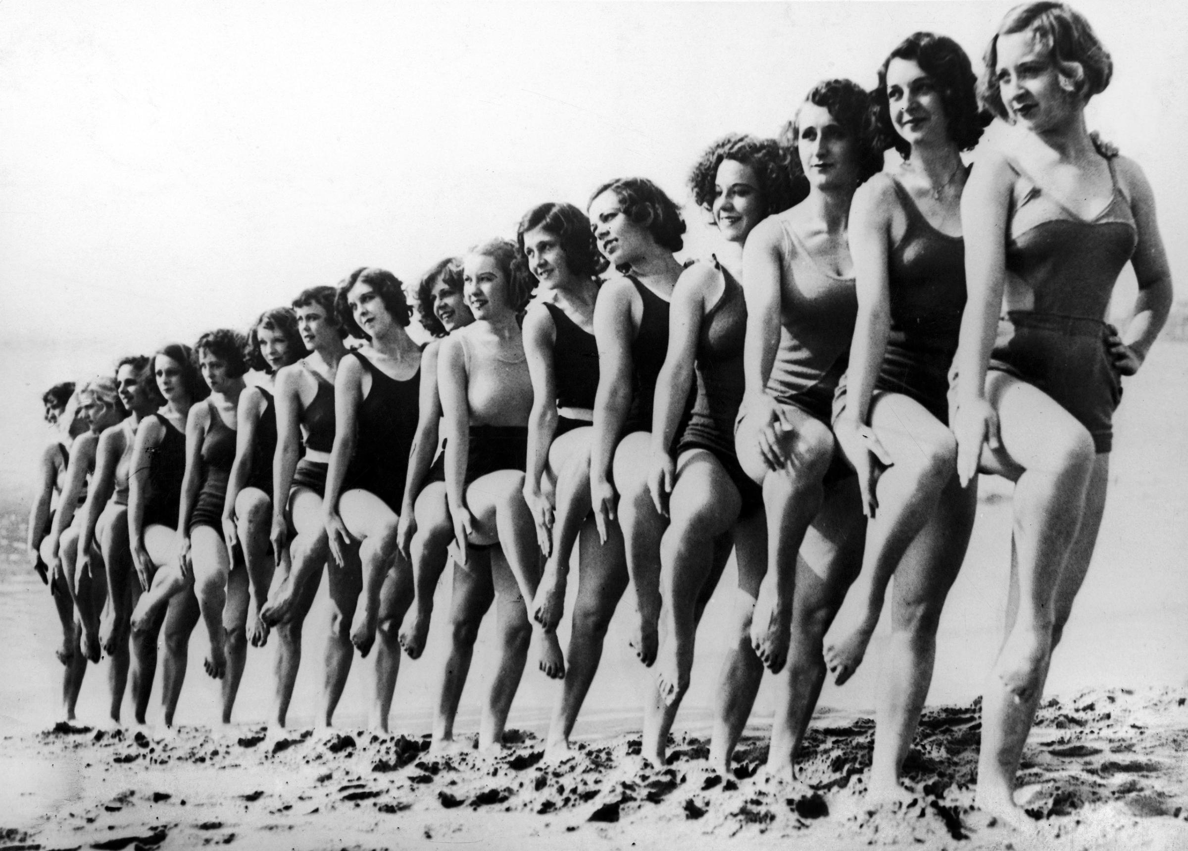 The Latest In swimwear on a beach In California, circa 1934.