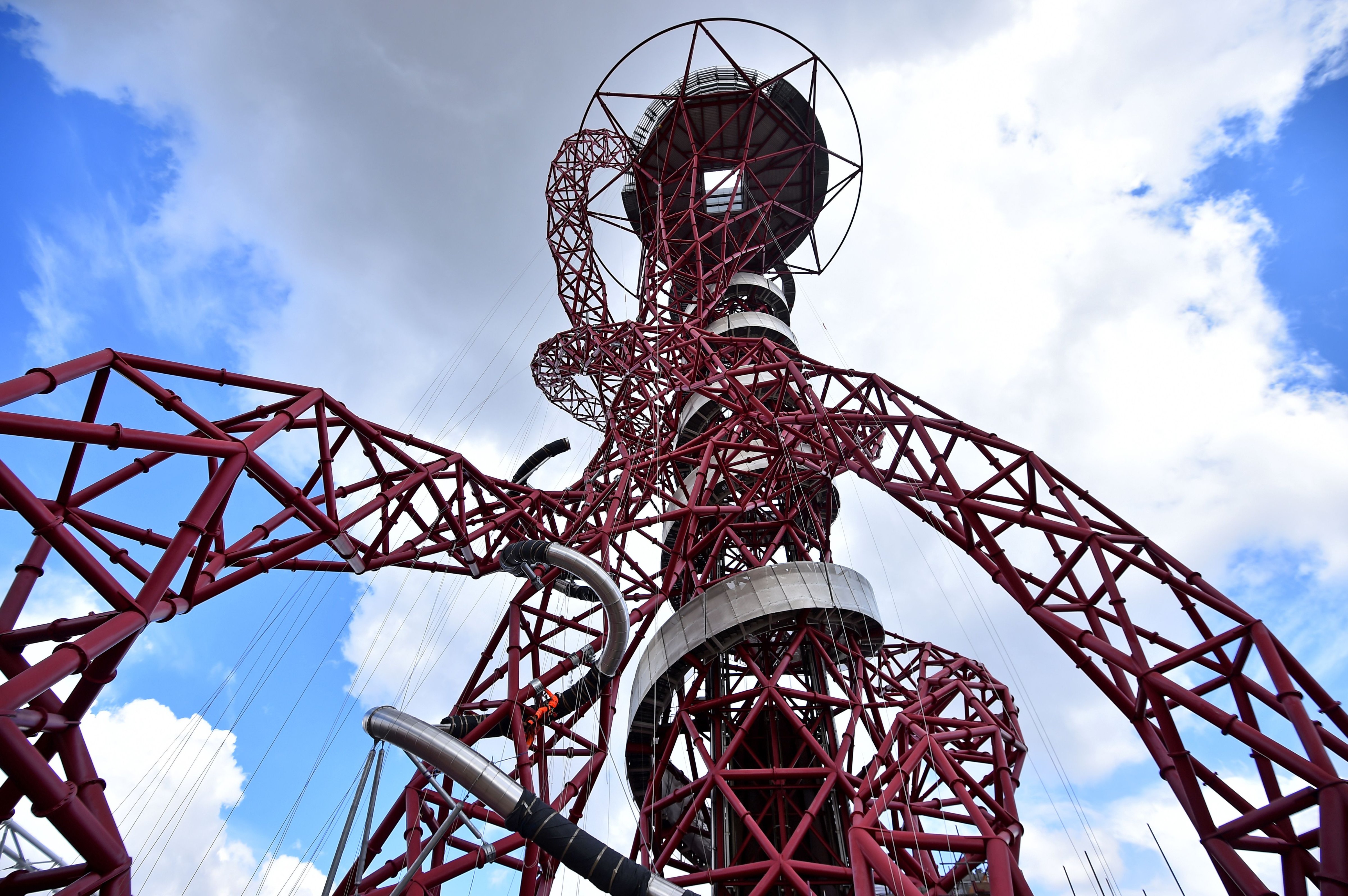 'The Slide,' designed by Belgian artist Carsten Holler for the ArcelorMittal Orbit in east London. Pictured here under construction on April 26, 2016. (Ben Stansall—AFP/Getty Images)