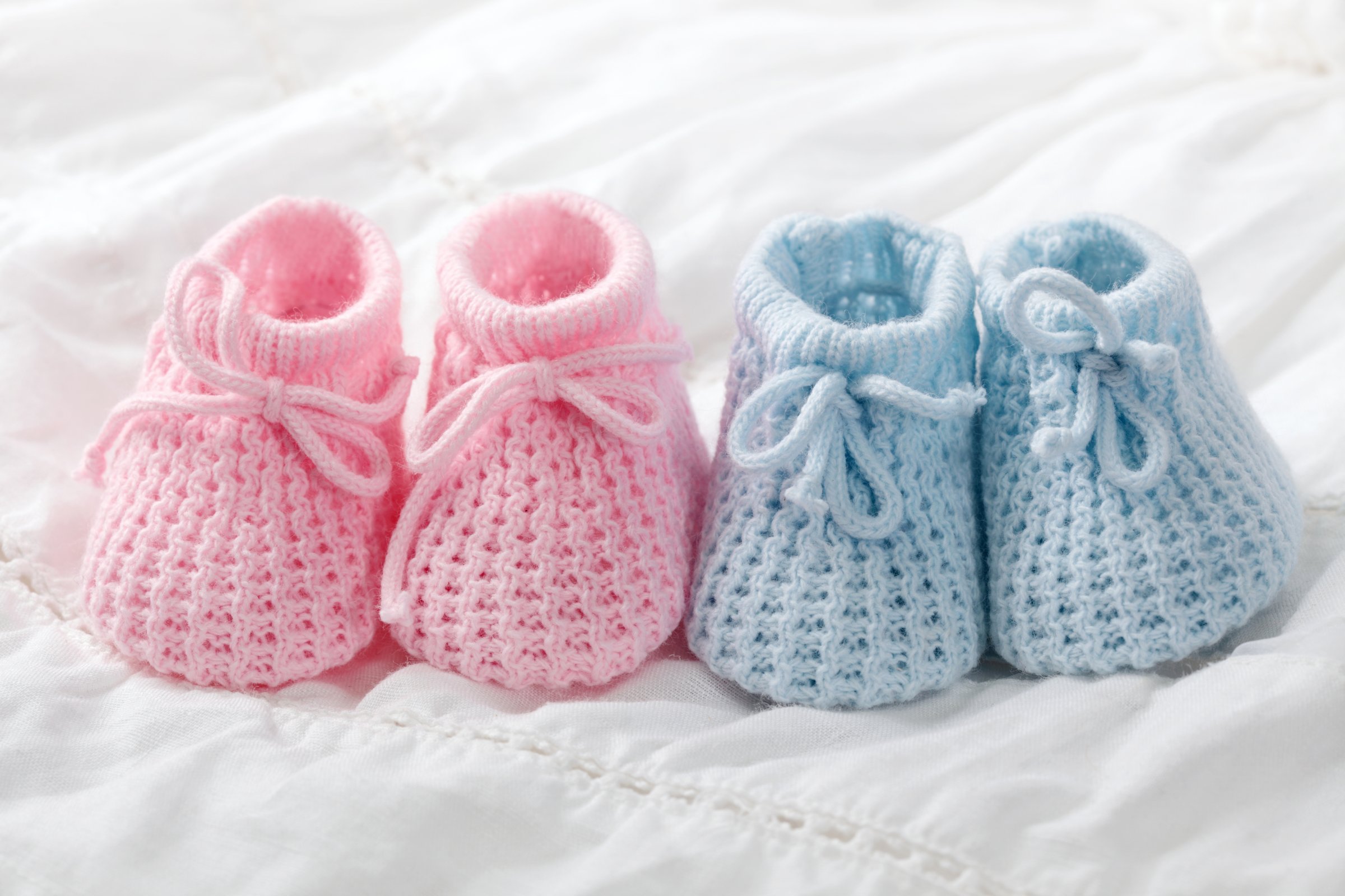 Blue and pink baby booties on white background