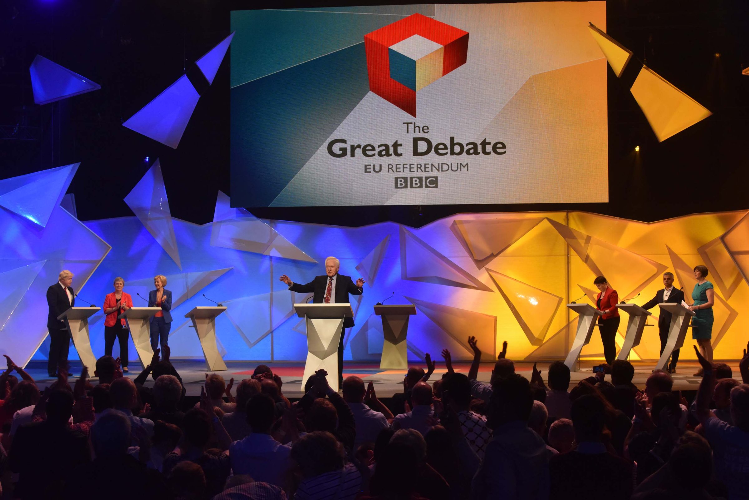 In this handout image provided by the BBC, Boris Johnson, Gisela Stuart, Energy Minister Andrea Leadsom, David Dimbleby (C), Scottish Conservative leader Ruth Davidson, Mayor of London Sadiq Khan and TUC General Secretary Frances O'Grady take part in the EU debate at Wembley Arena on June 21, 2016 in London, England.