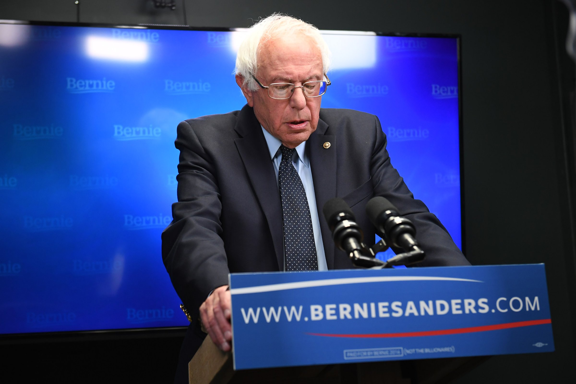 Presidential candidate Bernie Sanders prepares to speak for a video to supporters at Polaris Mediaworks in Burlington, Vt., on June 16, 2016.