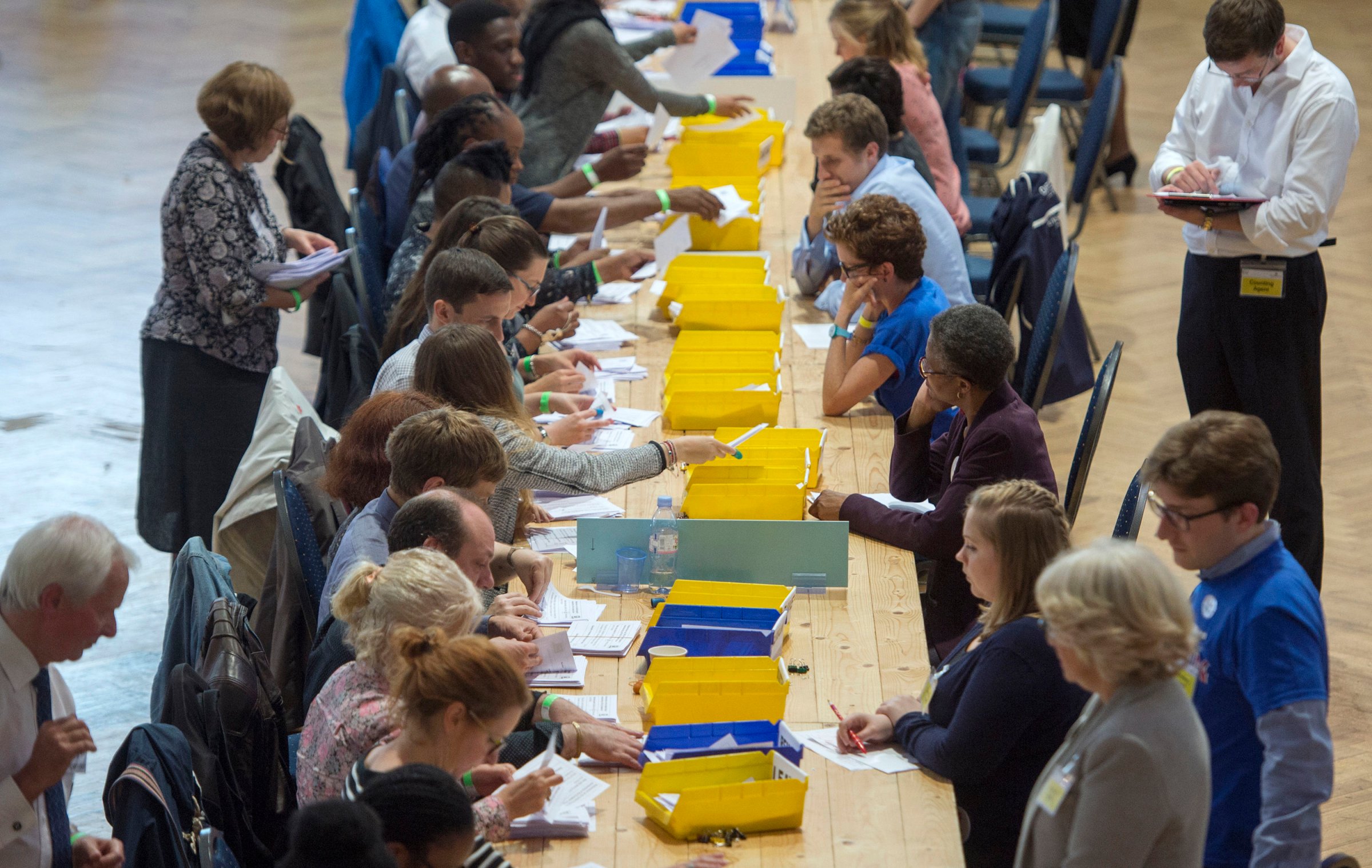 Votes are sorted into Remain, Leave and Doubtful trays as ballots are counted during the E.U. Referendum count for Westminster and the City of London at the Lindley Hall, Royal Horticultural Halls, London, on June 24, 2016.