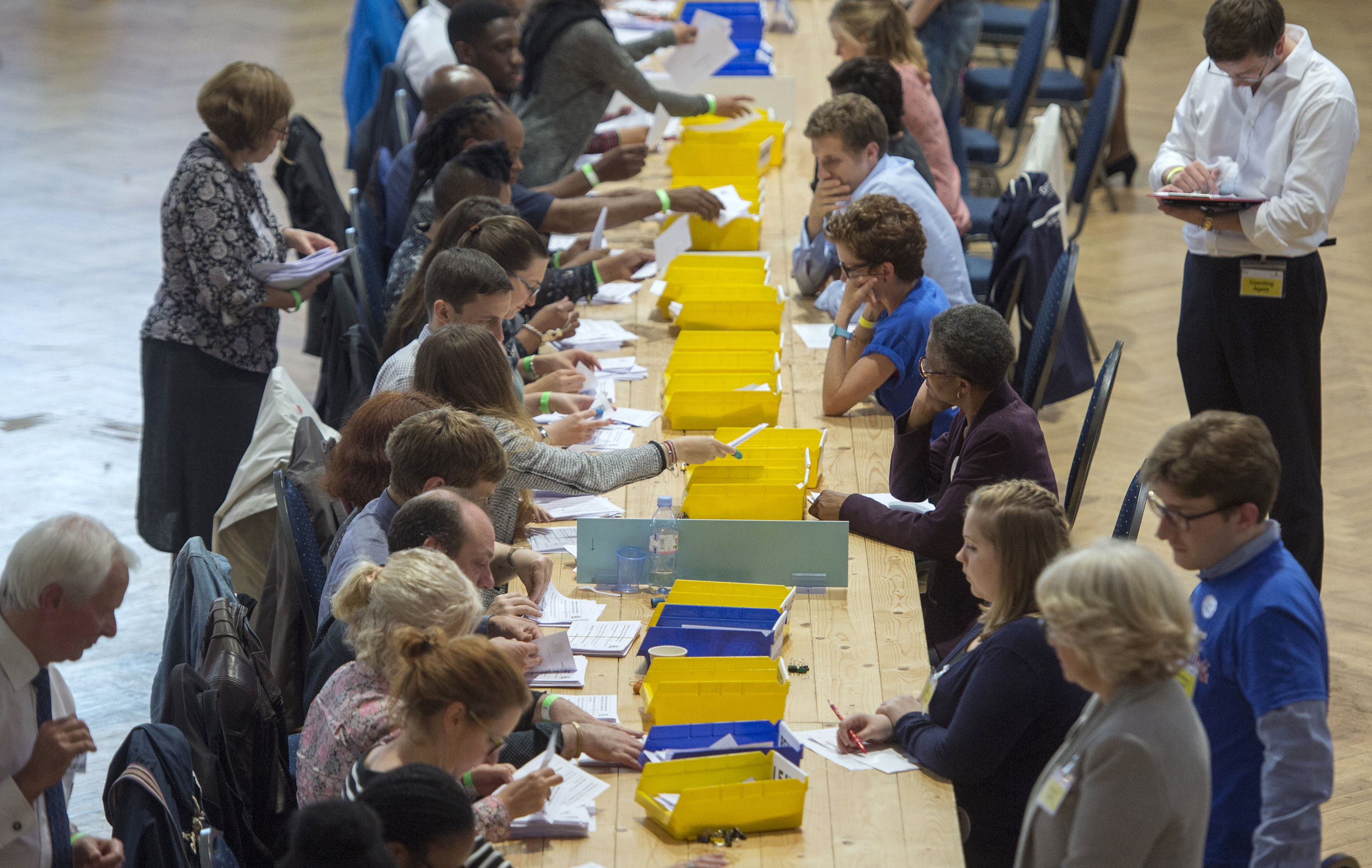 Votes are sorted into Remain, Leave and Doubtful trays as ballots are counted during the E.U. Referendum count for Westminster and the City of London at the Lindley Hall, Royal Horticultural Halls, London, on June 24, 2016. (Anthony Devlin—PA Wire/Press Association Images/AP)