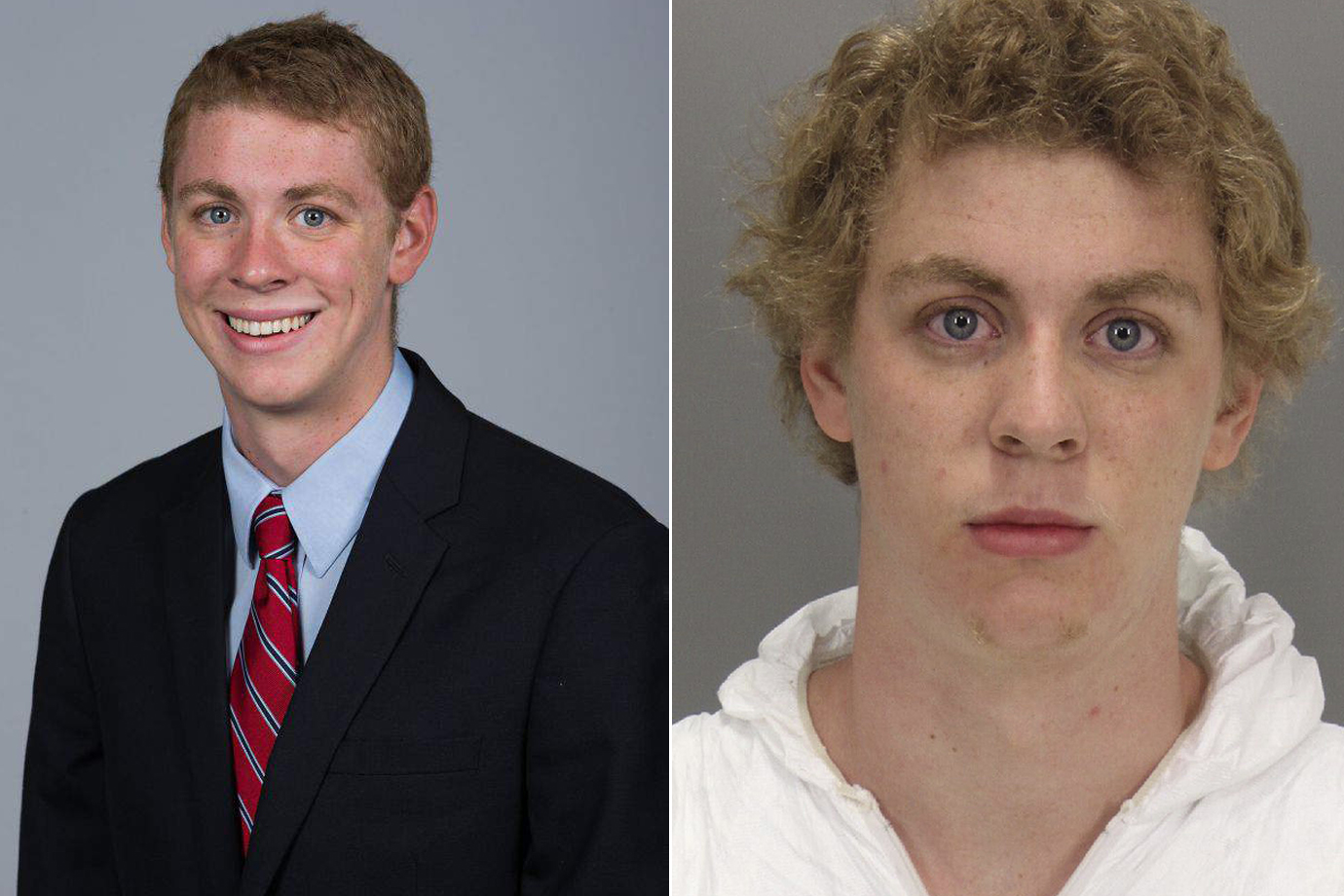 A composite image showing a Stanford University photo of Brock Turner (left) and Turner's January 2015 booking photo, released in June by the Santa Clara County Sheriff's Office.