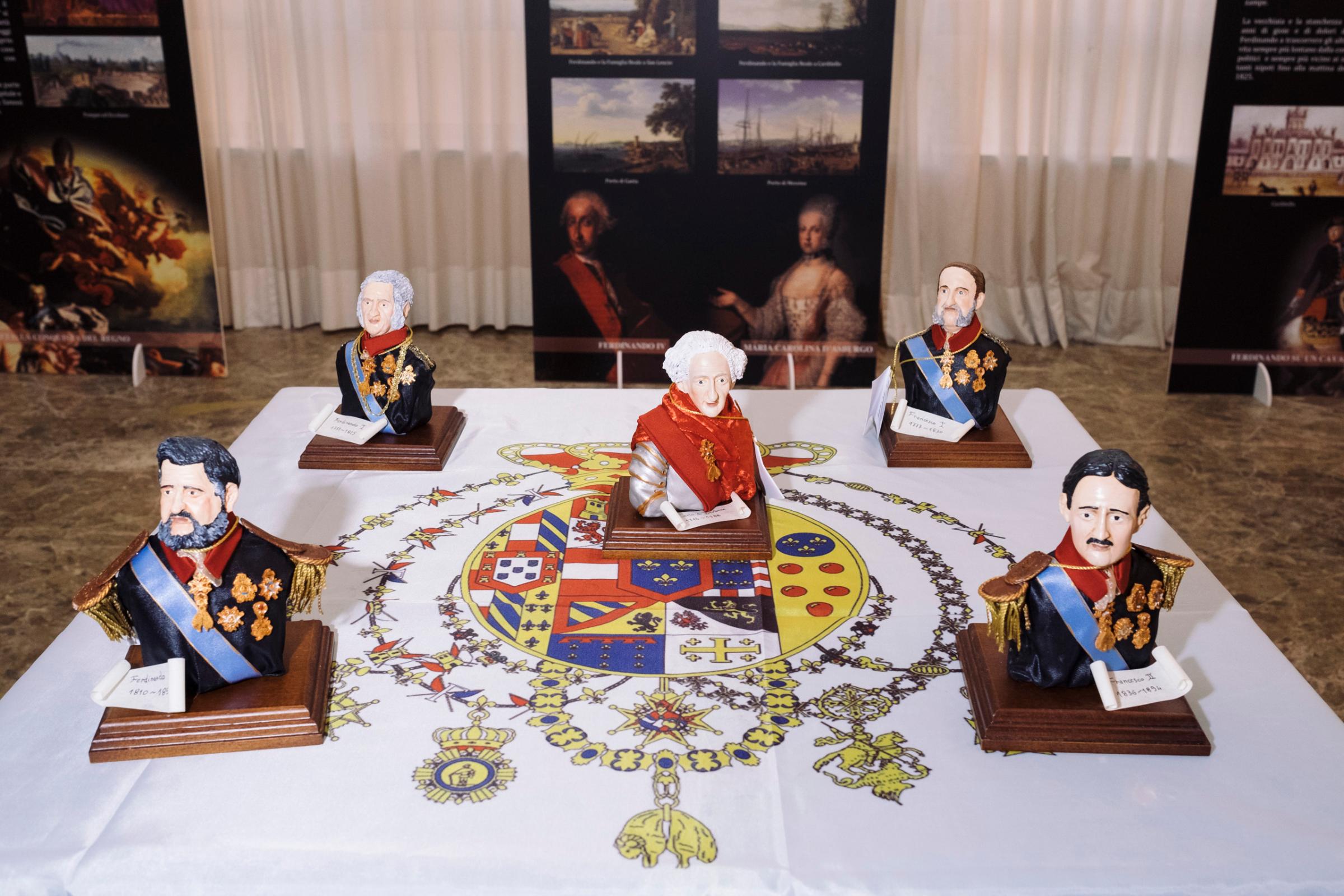 Little statues portraying the five Bourbon kings that have been on the throne of the Kingdom of the Two Sicilies, February, 2016. From the left to right: Ferdinand II, Ferdinand I, Charles, Francis I and Francis II.