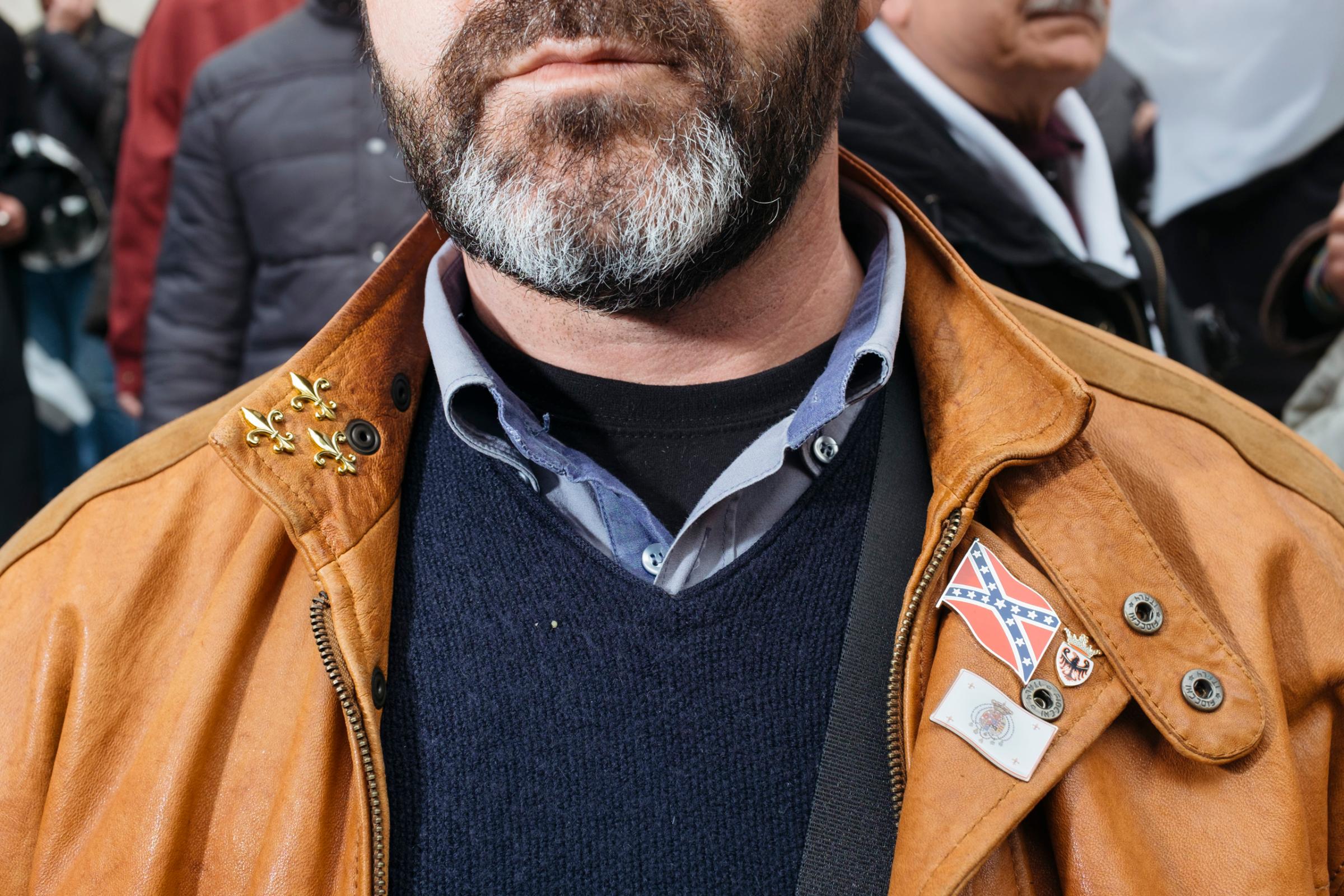 Details of a jacket wore by Aniello Sicignano, 47, a mail carrier contractor and proclaimed head of the modern brigands. He is nicknamed "The General", March, 2016.
