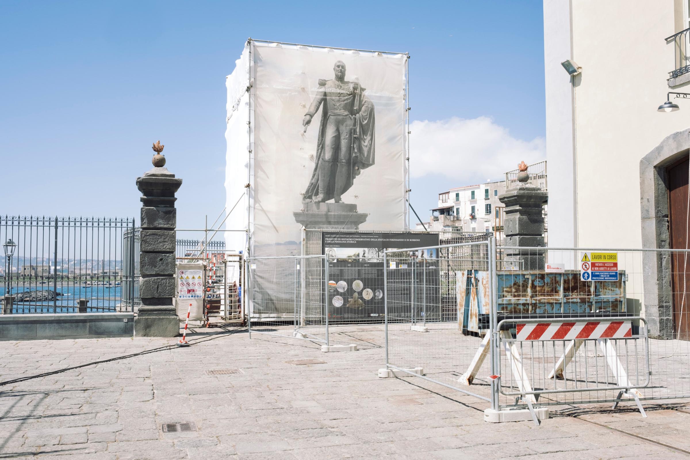 Works are underway to restore the statue of Ferdinando II of Two Sicilies at the Railway Museum of Pietrarsa, April, 2016.Pietrarsa was an active factory for locomotive and ammunition production until the unification of Italy, when production steadily decreased and eventually brought the factory to a closure.