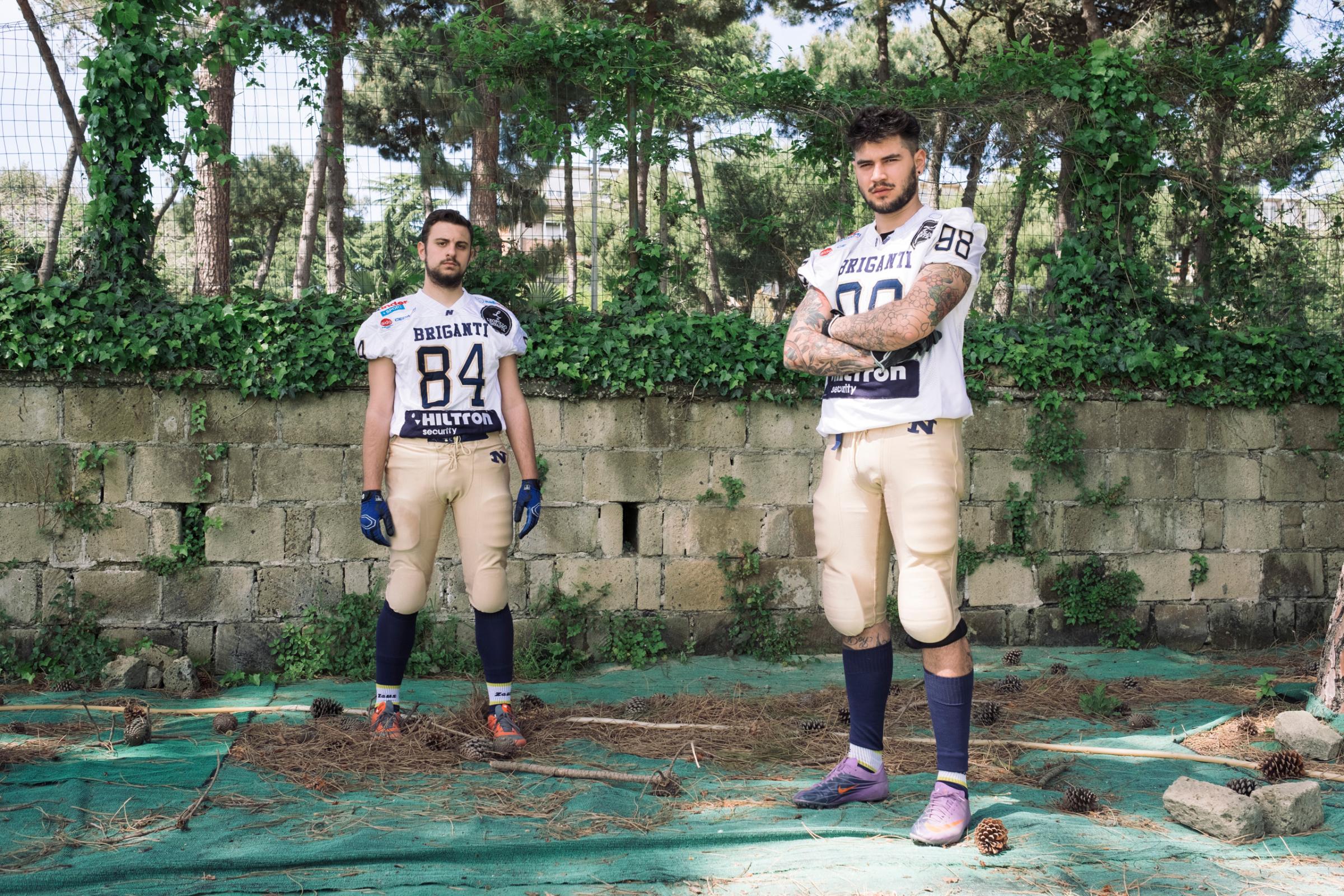 Players of the Briganti Napoli American Footbal Team before playing a regular season game, April, 2016. Briganti, or brigands, was the name associated with the people that fought against the Piedimontese soldiers during and after the unification of Italy.