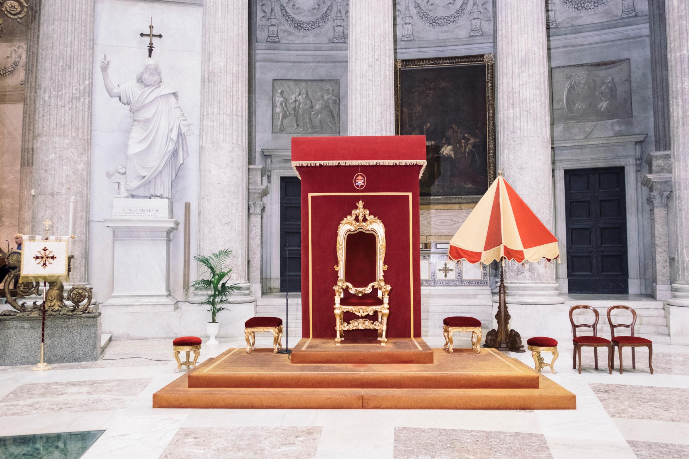 Throne in the San Francesco di Paola church, in Naples, before the investiture ceremony of the new knights of the Sacred Military Constantinian Order of Saint George, April, 2016.