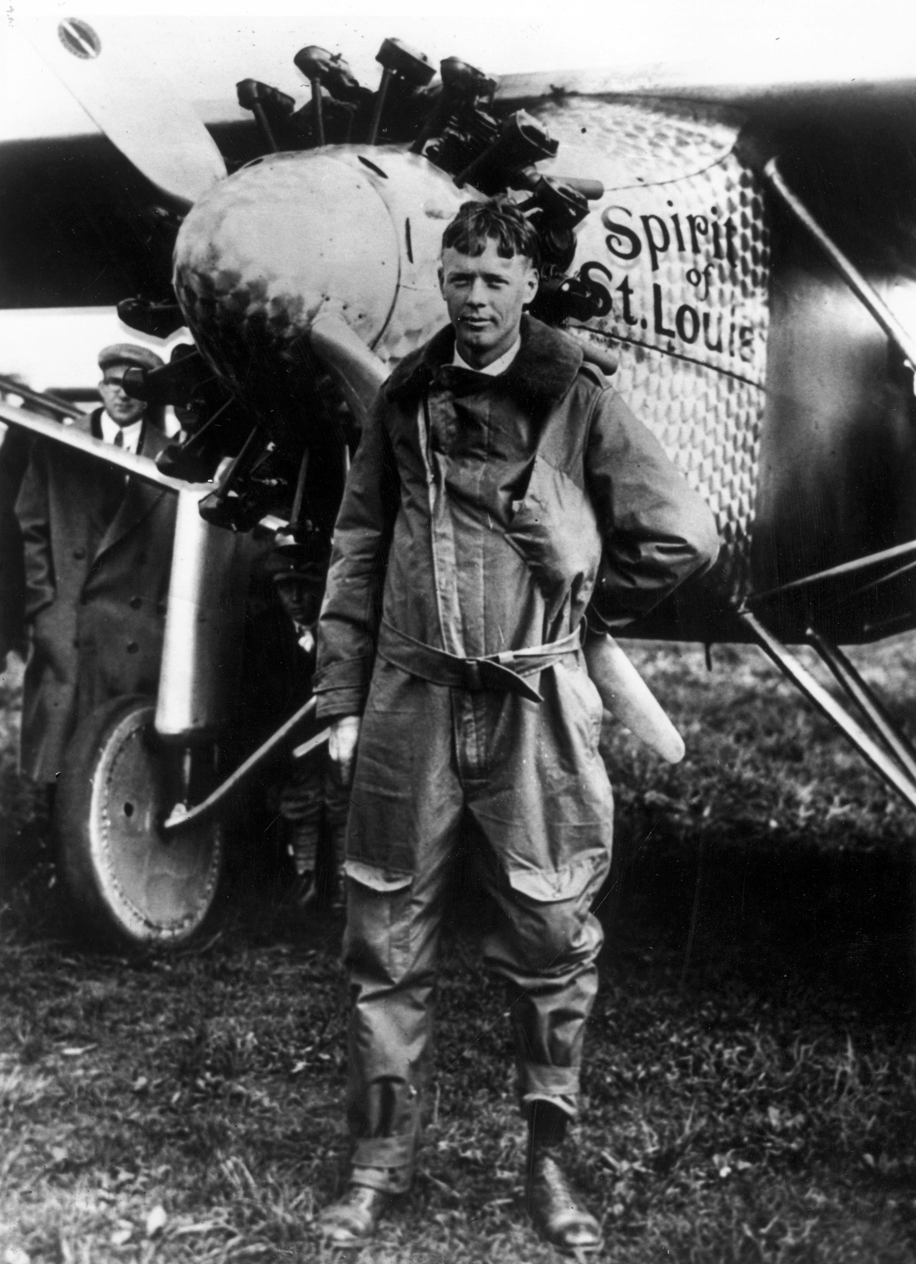 Charles Lindbergh poses with the 'Spirit of St Louis,' the plane he used to make the first non-stop solo flight across the Atlantic, May 1927.