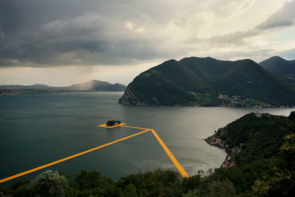 An overhead view of part of the Christo art installation, "The Floating Piers," on Lake Iseo, Italy, June 2016.